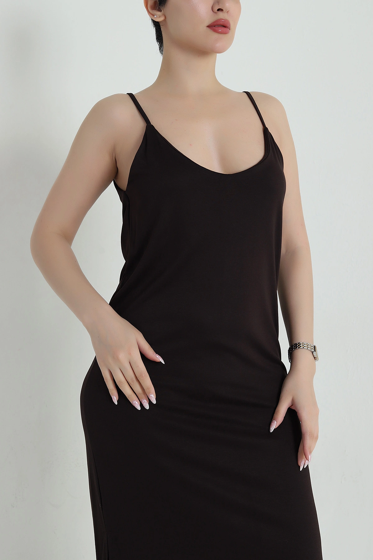 Kahverengi Askılı Viskon Modal Kadın Elbise 459308