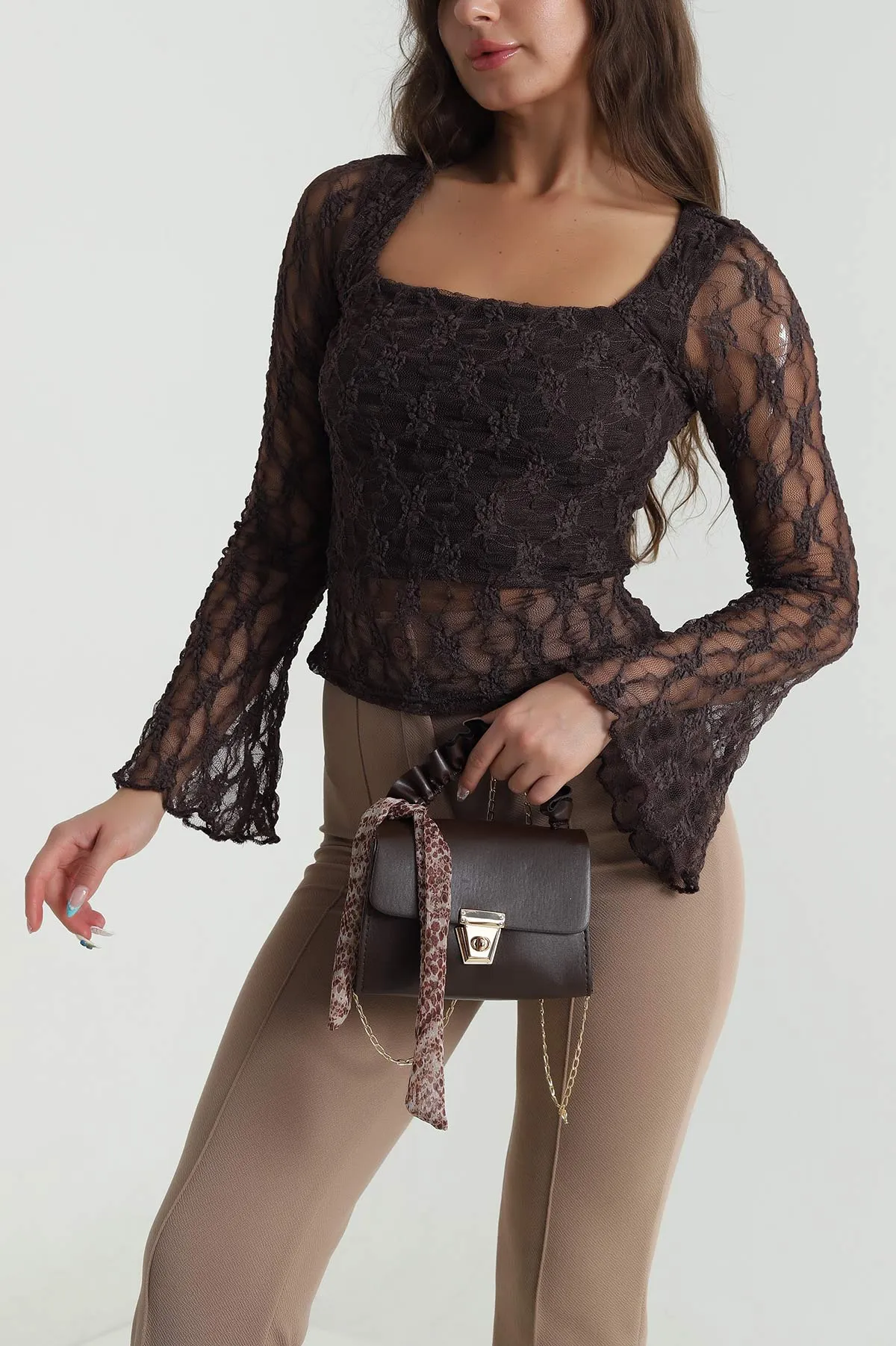 Kahverengi Astarlı Dantel Kadın Bluz 484518
