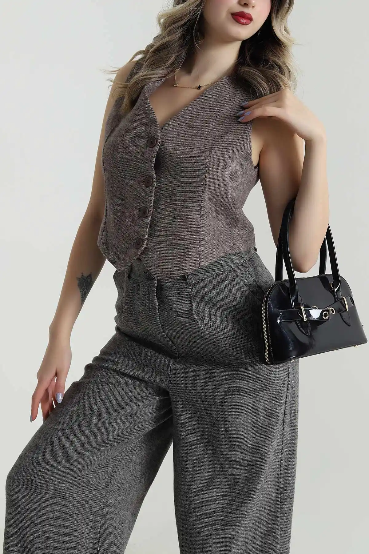 Kahverengi Astarlı Düğmeli Twill Kaşe Kadın Yelek 495350