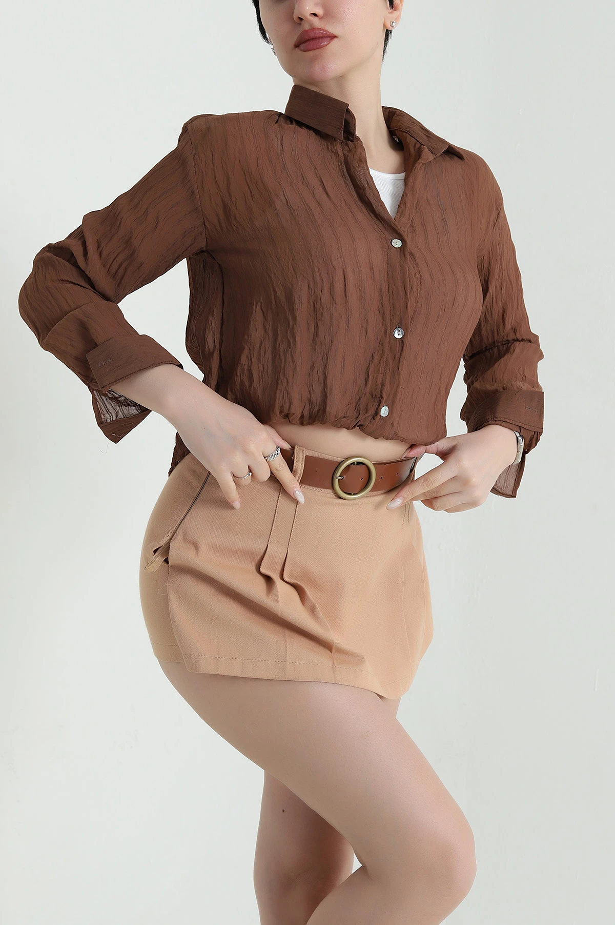 Kahverengi Atletli Tencel Kadın Balon Gömlek 449379