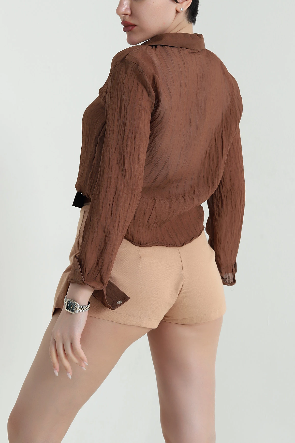 Kahverengi Atletli Tencel Kadın Balon Gömlek 449379