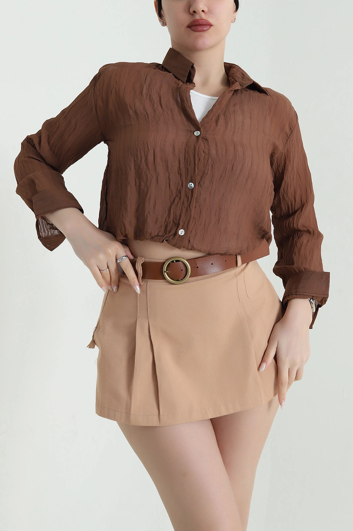 Kahverengi Atletli Tencel Kadın Balon Gömlek 449379