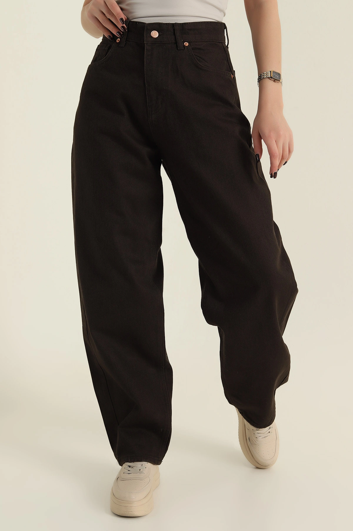 Kahverengi Baggy Cepli Kadın Kot Pantolon 424036