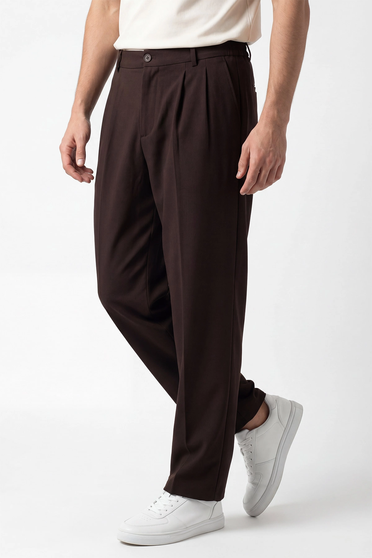 Kahverengi Baggy Çift Pile Detaylı Bel Arkası Lastikli Erkek Kumaş Pantolon 449748