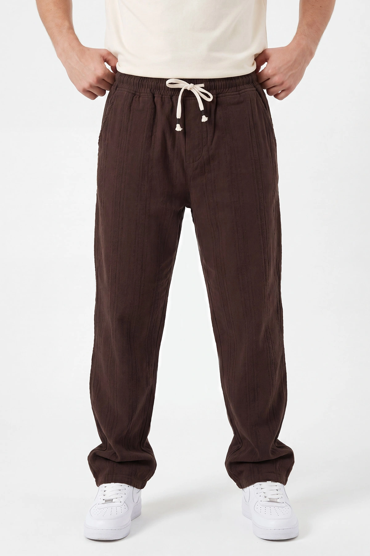 Kahverengi Baggy Ham Keten Belden Bağlamalı Erkek Pantolon 459580