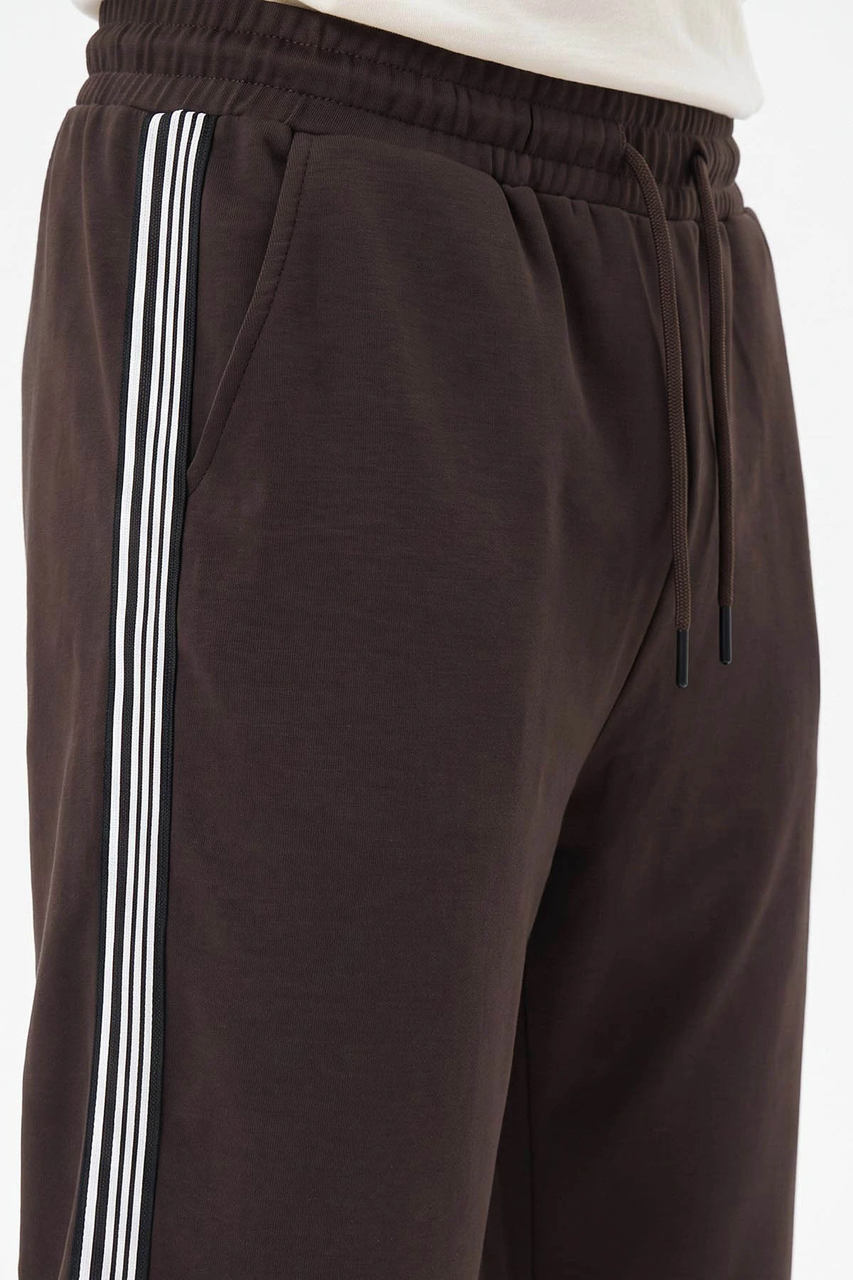 Kahverengi Baggy Kompak Kumaş Yan Geniş Raşelli Erkek Eşofman Altı 483369