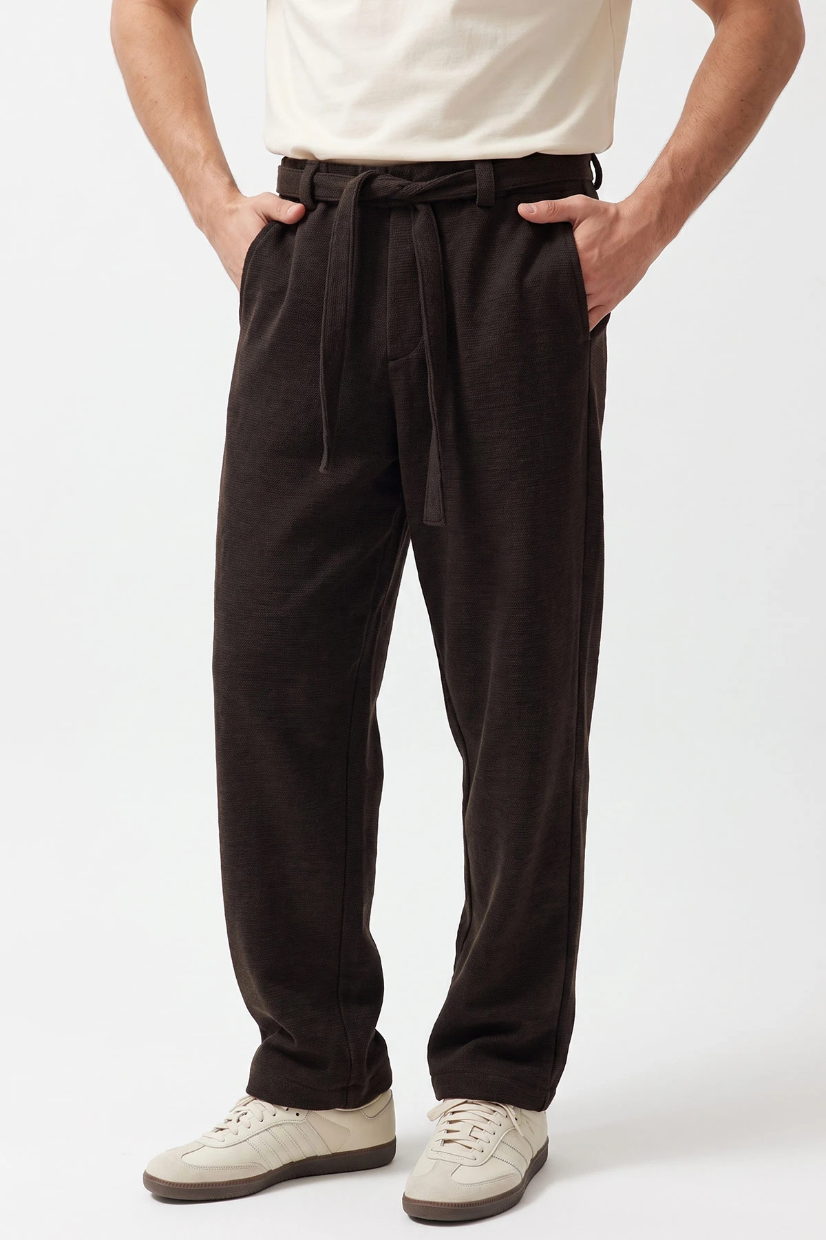 Kahverengi Baggy Örme Kumaş Yeni Sezon Erkek Pantolon 493275