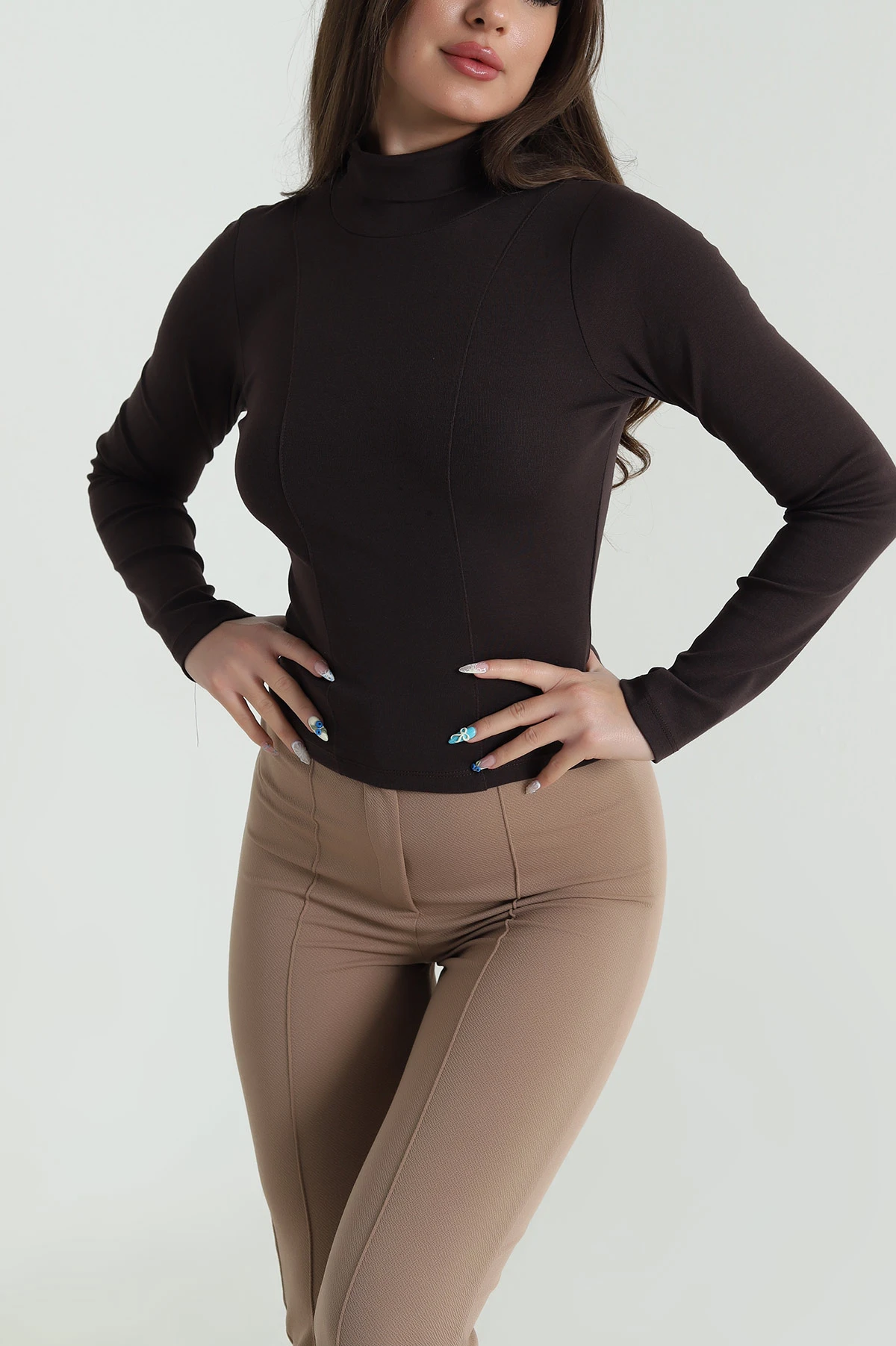 Kahverengi Balıkçı Yaka Kadın Body Bluz 483145