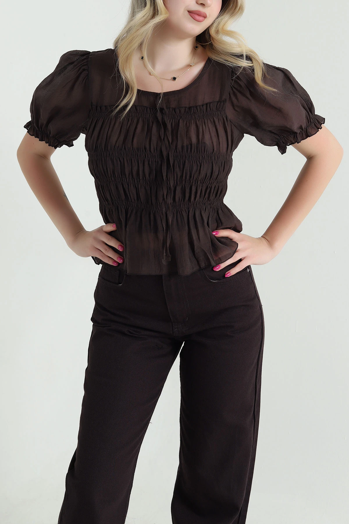Kahverengi Balon Kol Tencel Kadın Bluz 463193