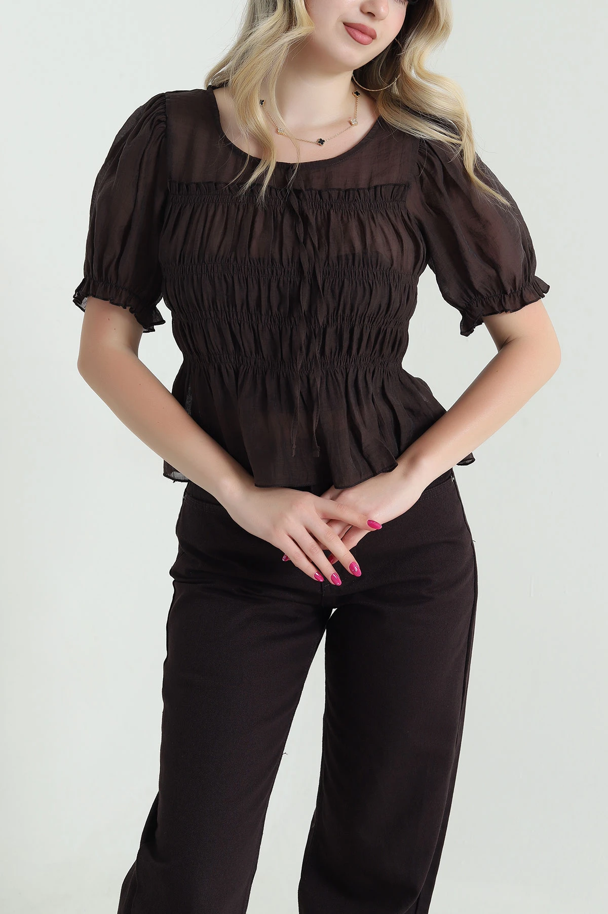 Kahverengi Balon Kol Tencel Kadın Bluz 463193