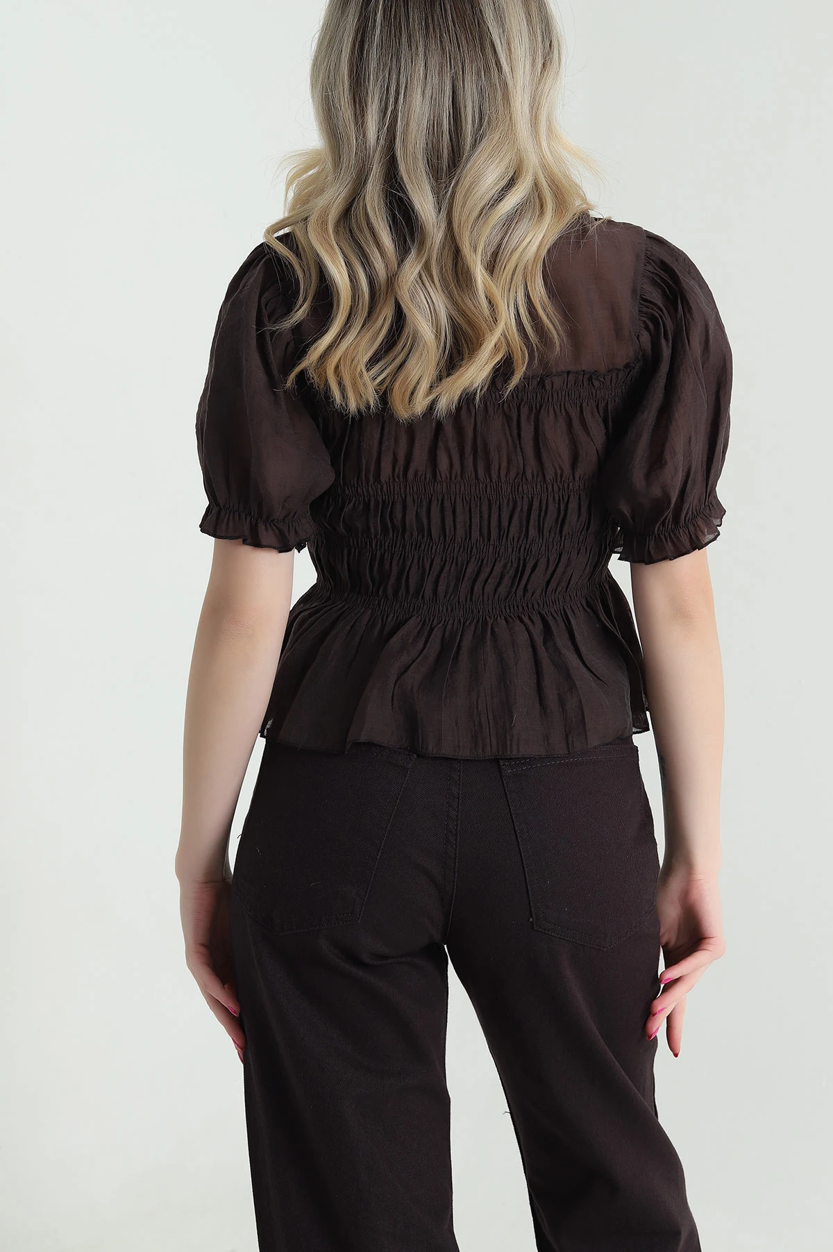 Kahverengi Balon Kol Tencel Kadın Bluz 463193