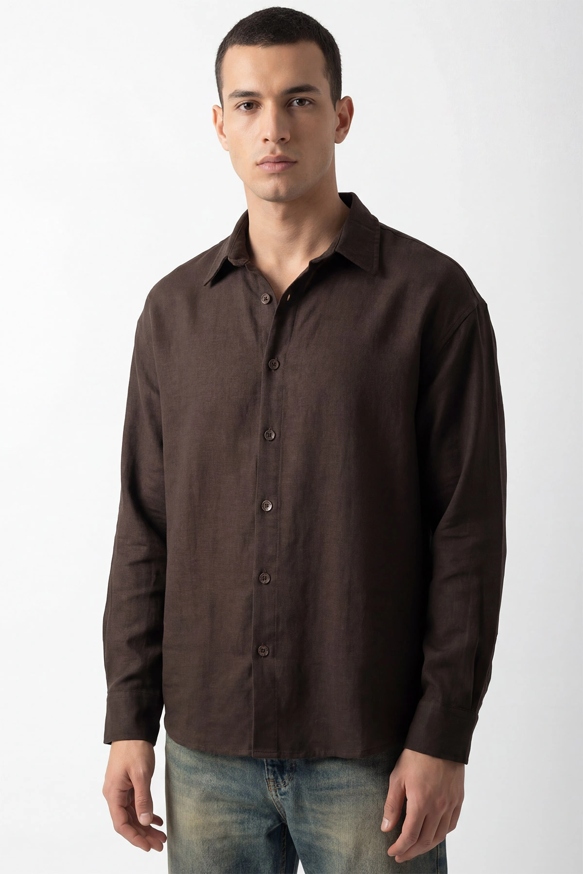 Kahverengi Bambu Keten Oversize Erkek Gömlek 449840