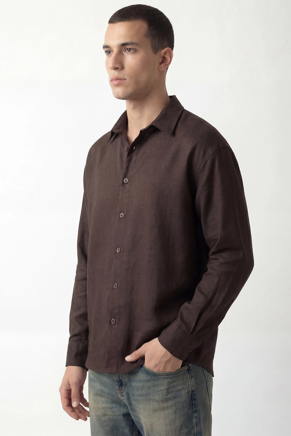Kahverengi Bambu Keten Oversize Erkek Gömlek 449840