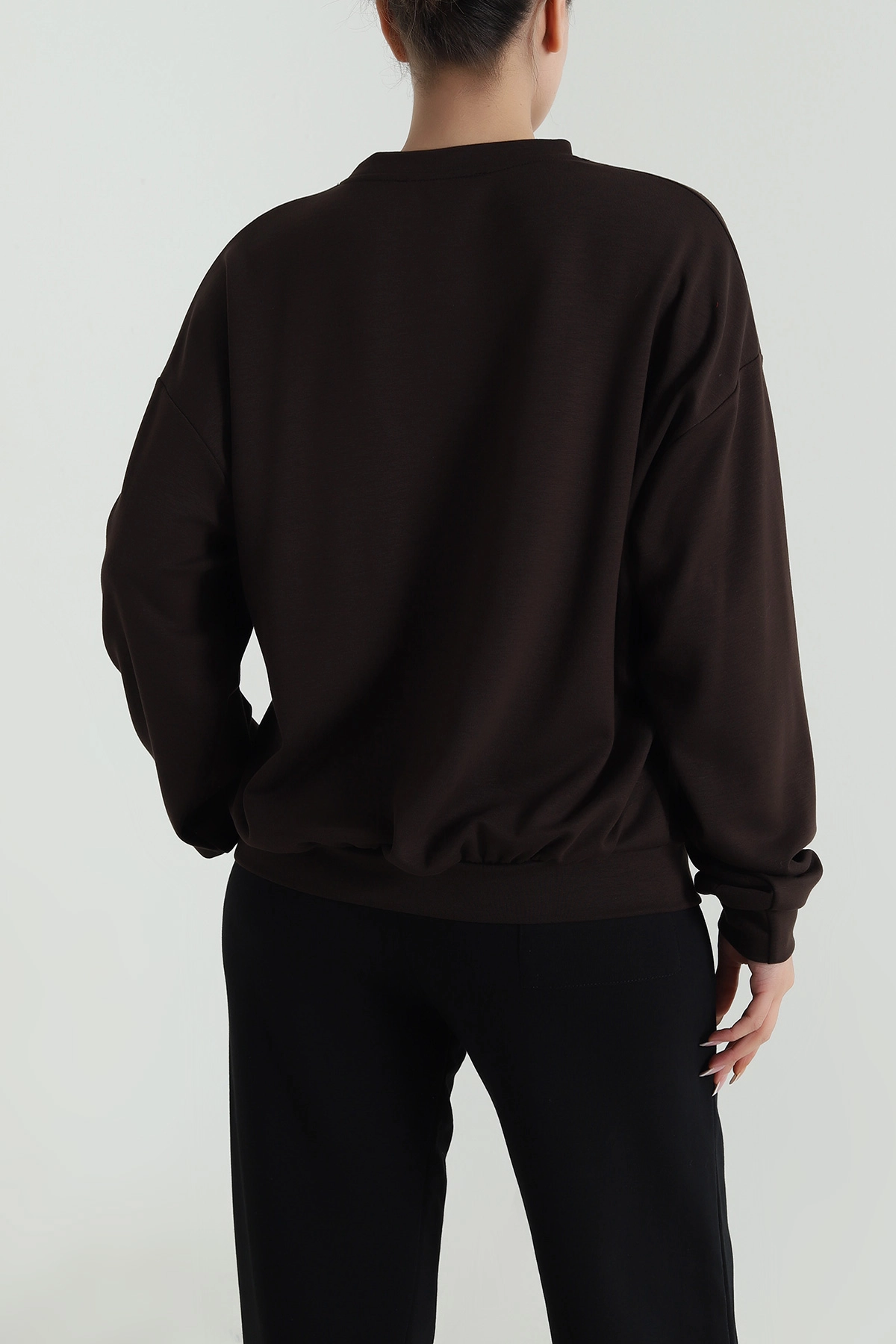 Kahverengi Basic Modal Kadın Fermuarsız Sweat 487388