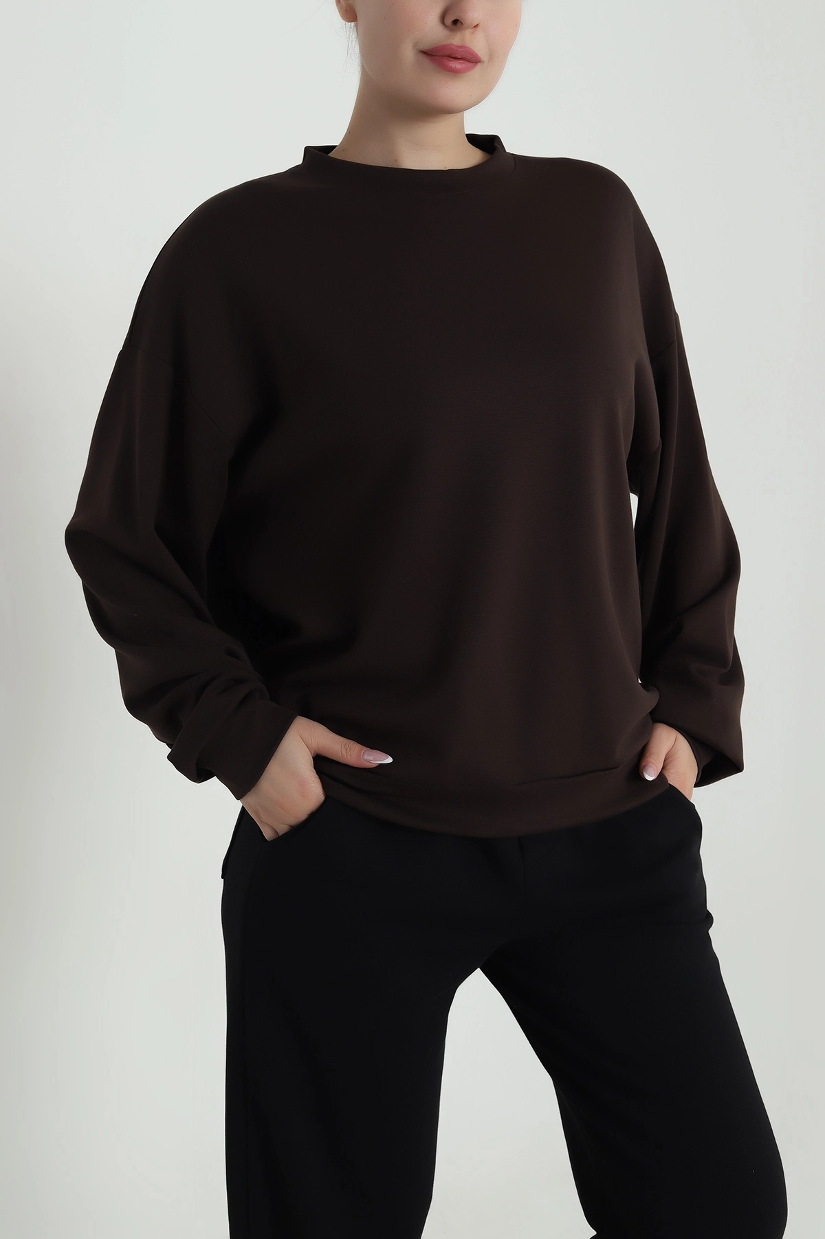 Kahverengi Basic Modal Kadın Fermuarsız Sweat 487388