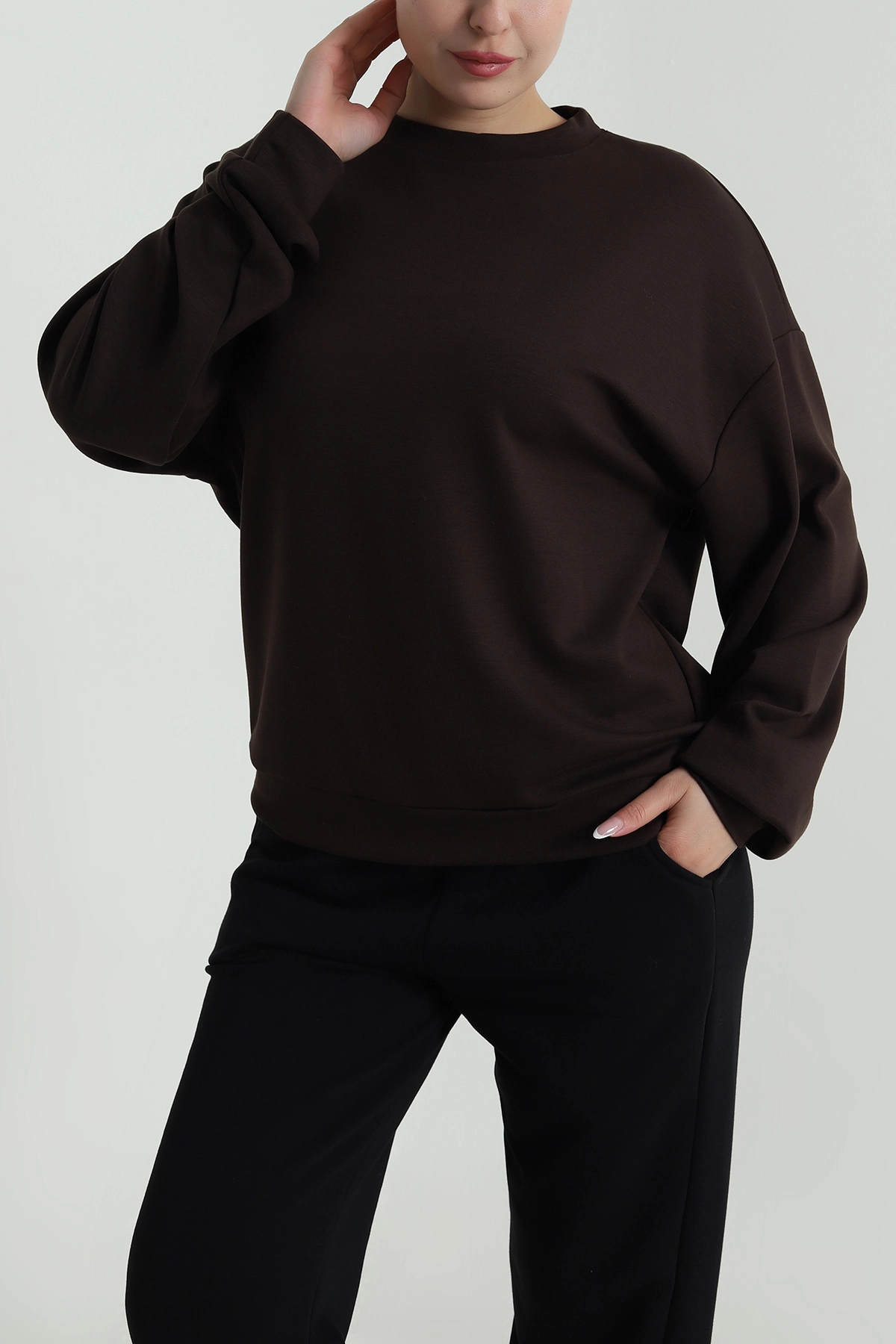Kahverengi Basic Modal Kadın Fermuarsız Sweat 487388