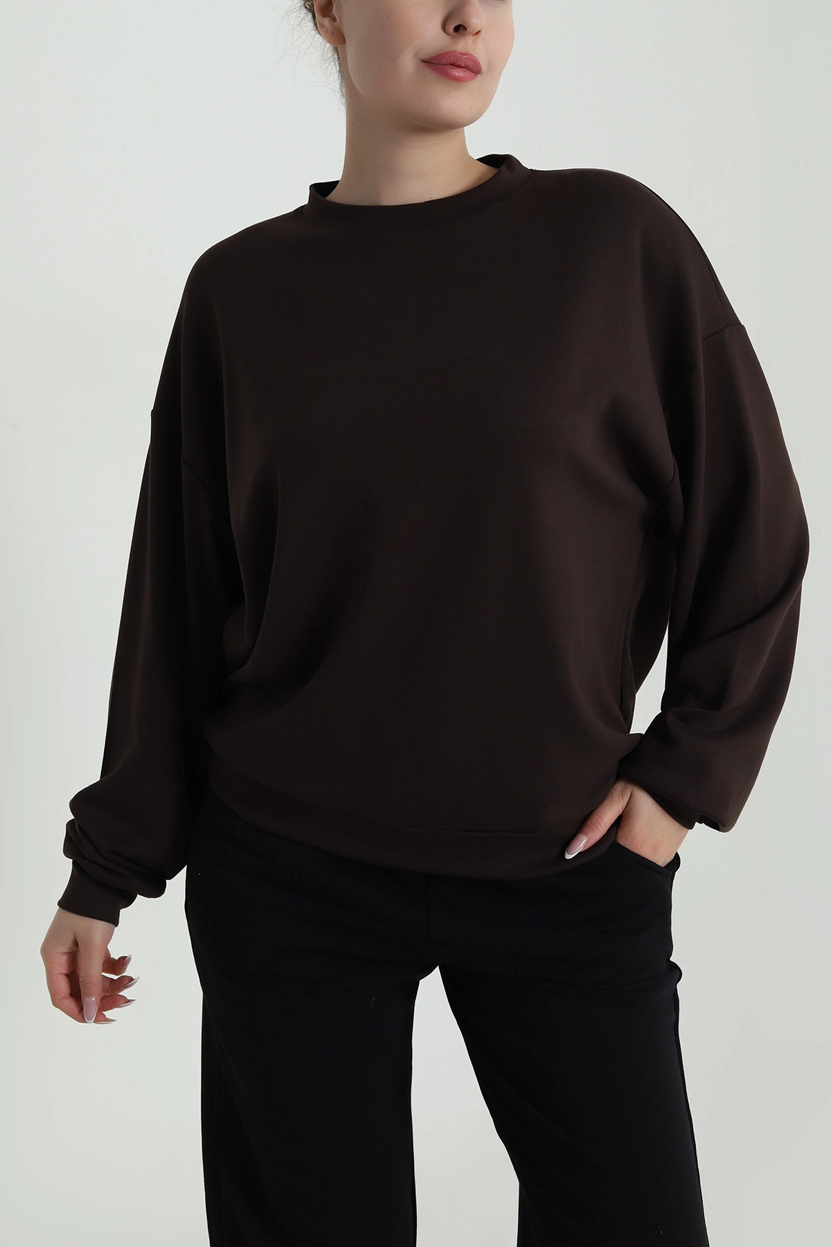 Kahverengi Basic Modal Kadın Fermuarsız Sweat 487388