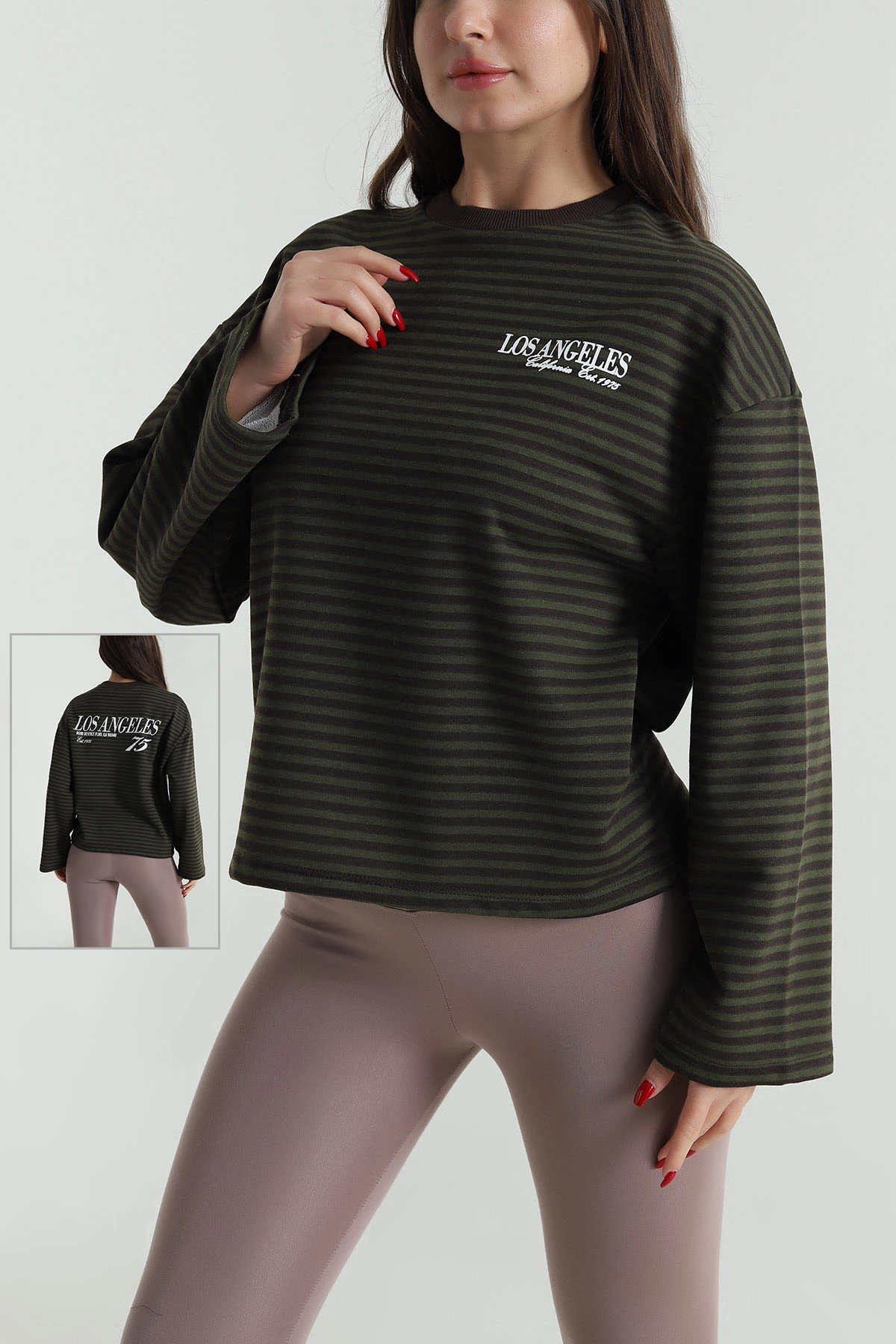 Kahverengi Baskılı Çizgili Üç İp Kadın Sweat 496376