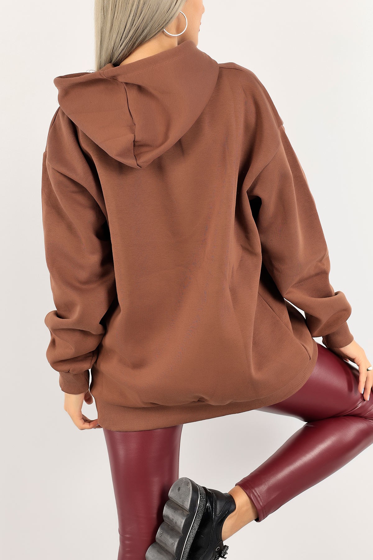 Kahverengi Baskılı İçi Şardonlu Bayan Sweat 130271