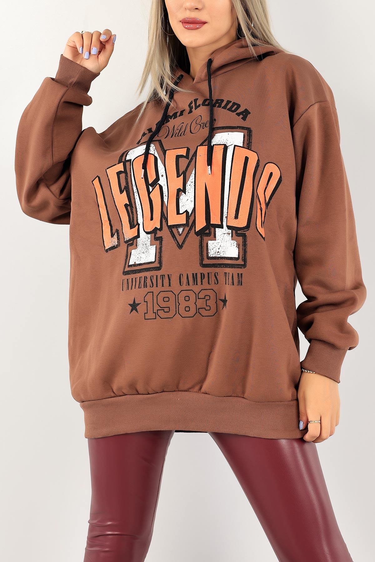 Kahverengi Baskılı İçi Şardonlu Bayan Sweat 130271