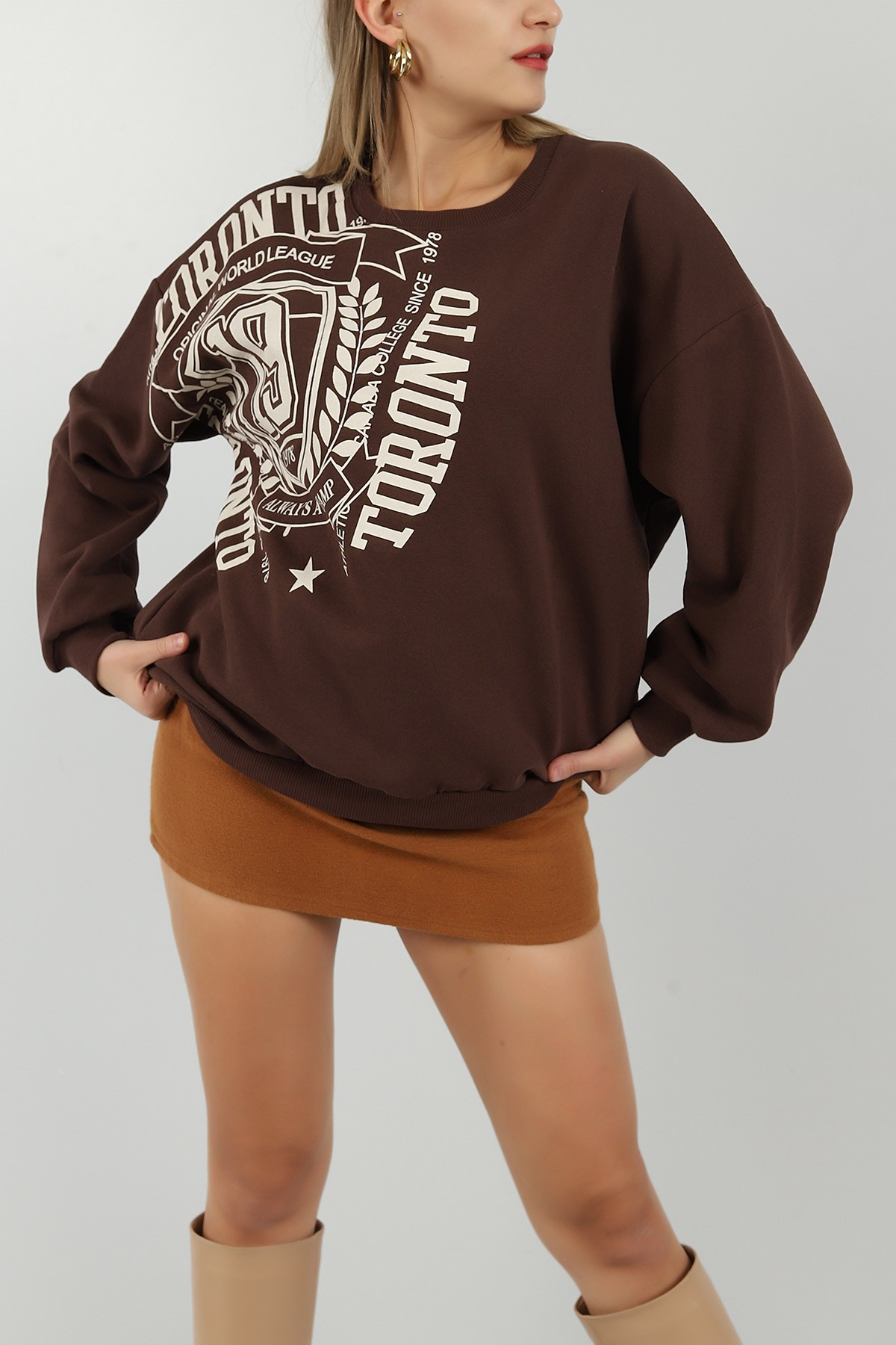 Kahverengi Baskılı İçi Şardonlu Bayan Sweat 144008