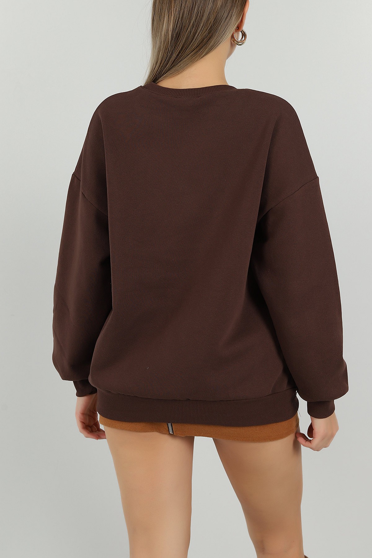Kahverengi Baskılı İçi Şardonlu Bayan Sweat 144008