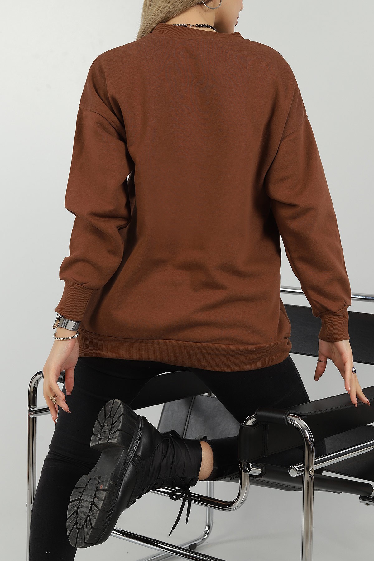 Kahverengi Baskılı İçi Şardonlu Bayan Sweat 144954