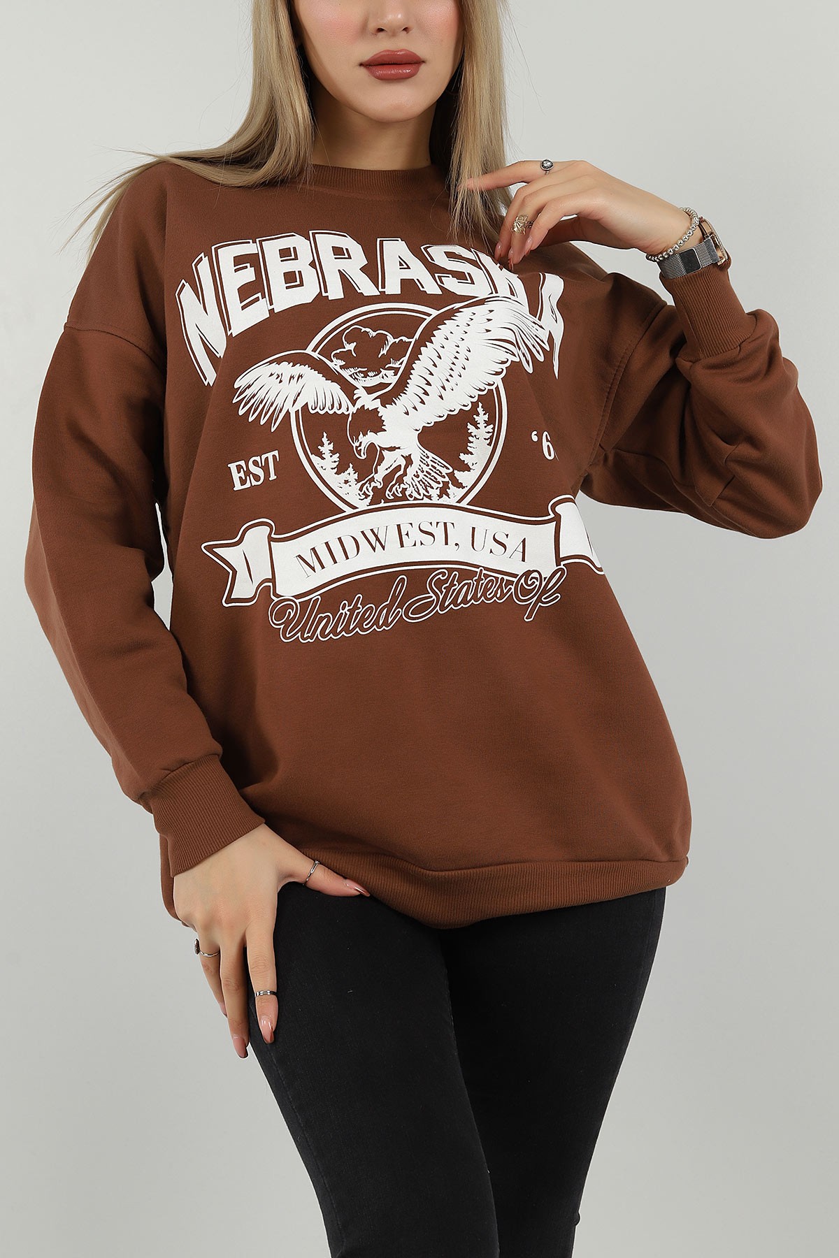 Kahverengi Baskılı İçi Şardonlu Bayan Sweat 144954