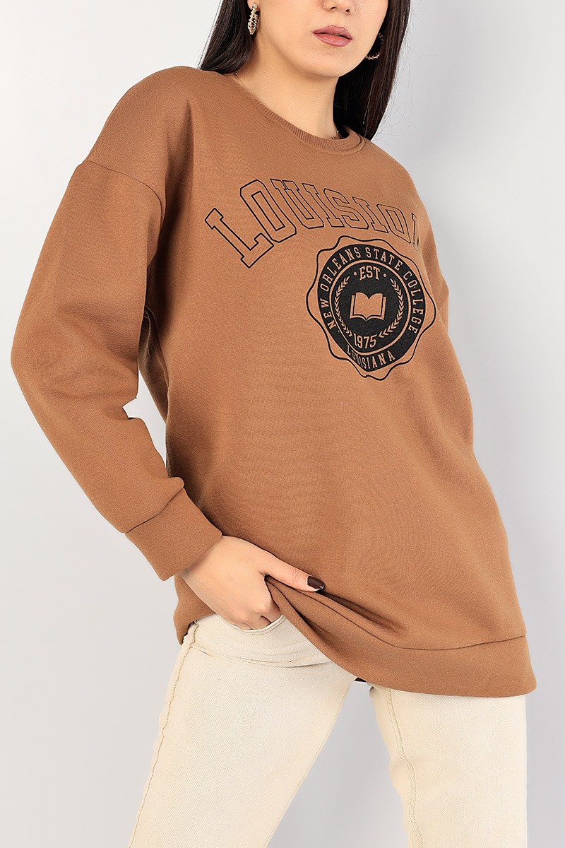 Kahverengi Baskılı İçi Şardonlu Bayan Sweat 85010