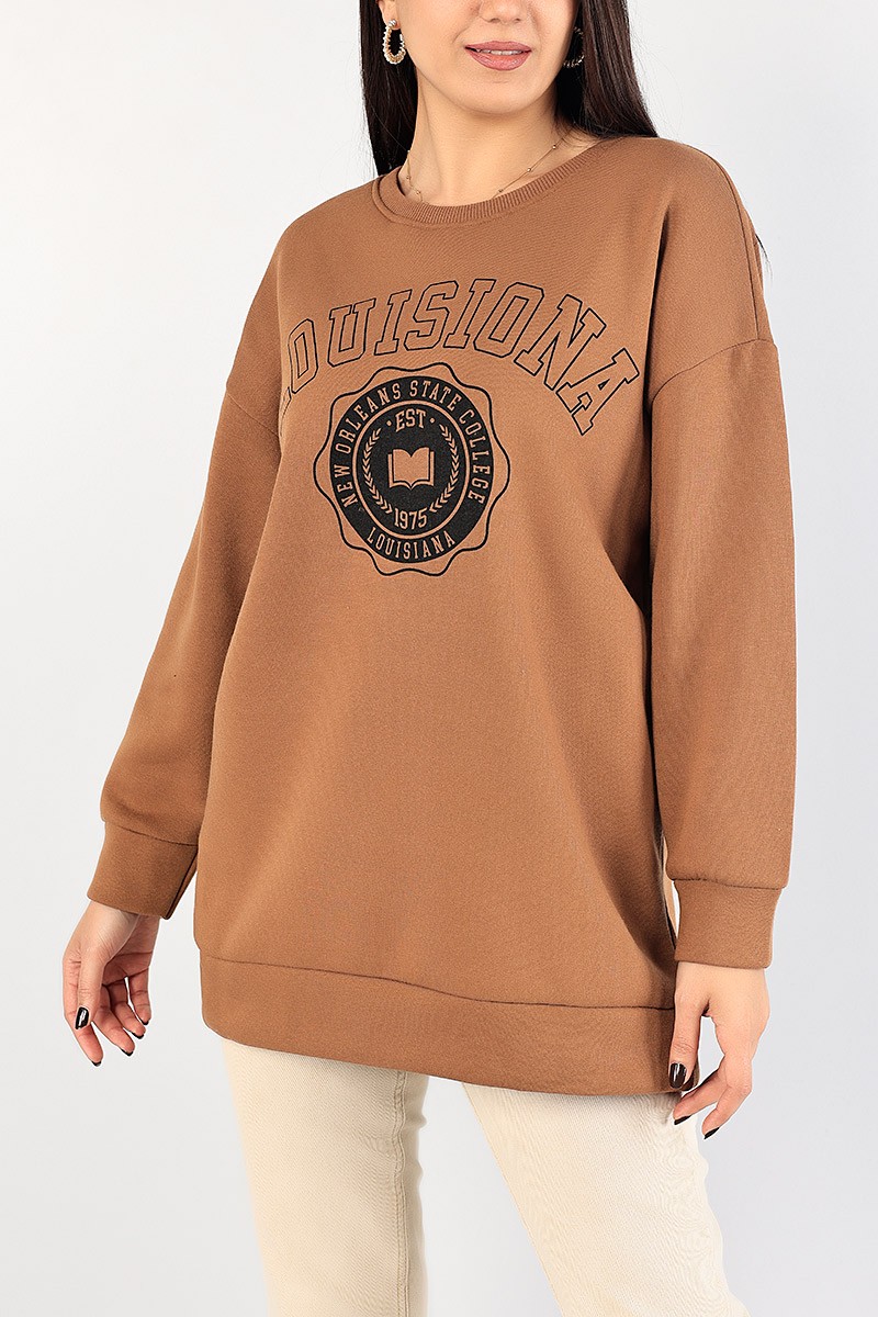 Kahverengi Baskılı İçi Şardonlu Bayan Sweat 85010
