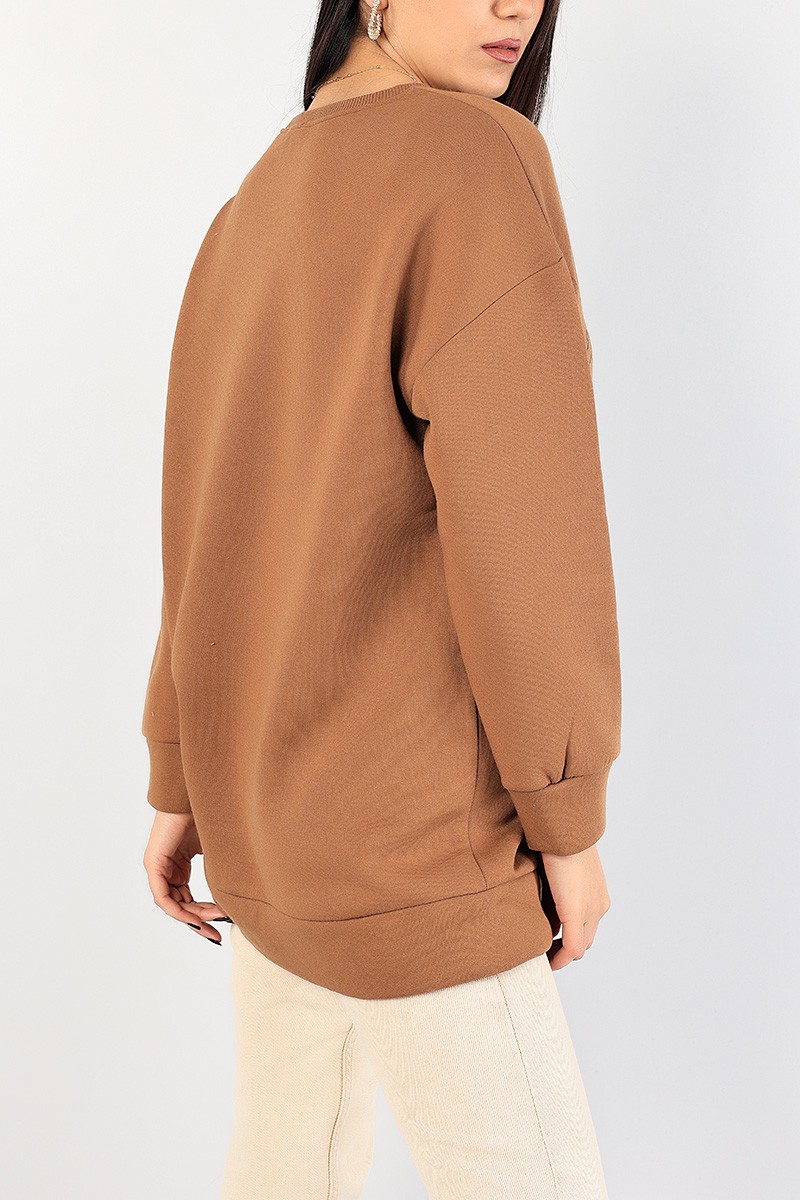 Kahverengi Baskılı İçi Şardonlu Bayan Sweat 85010