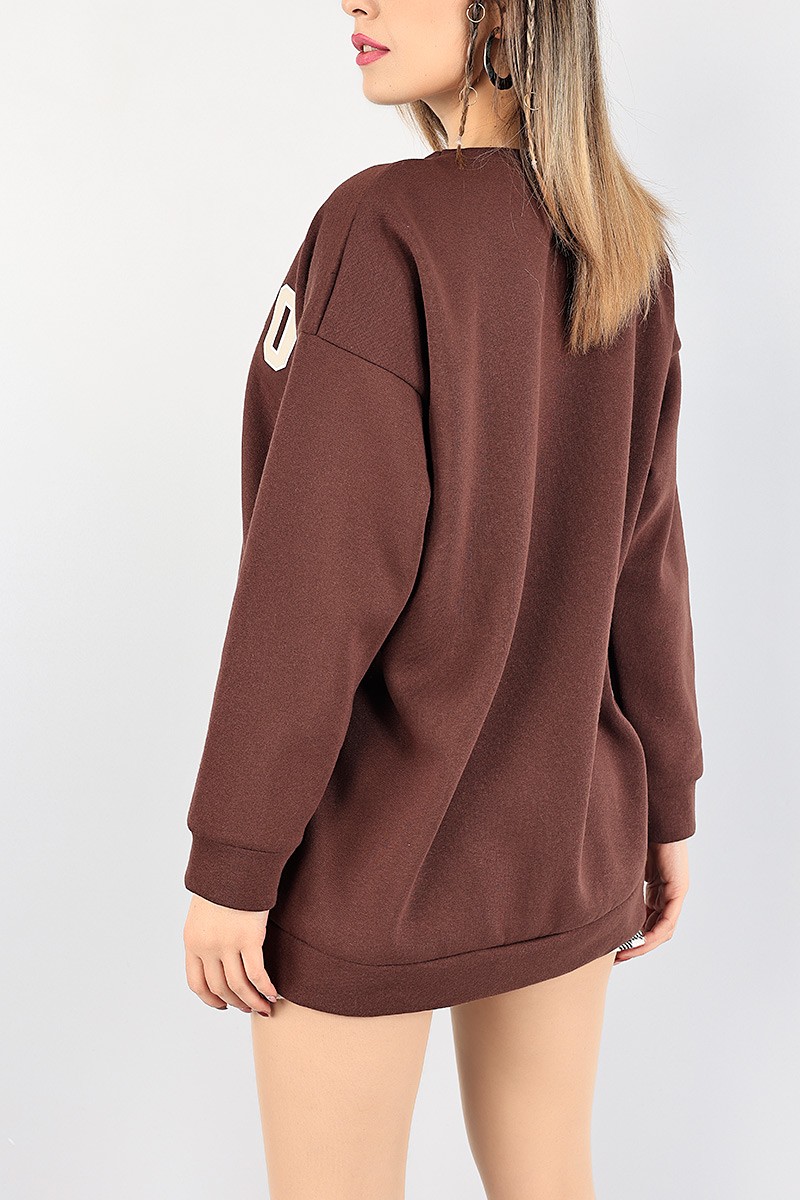Kahverengi Baskılı İçi Şardonlu Bayan Sweat 86757