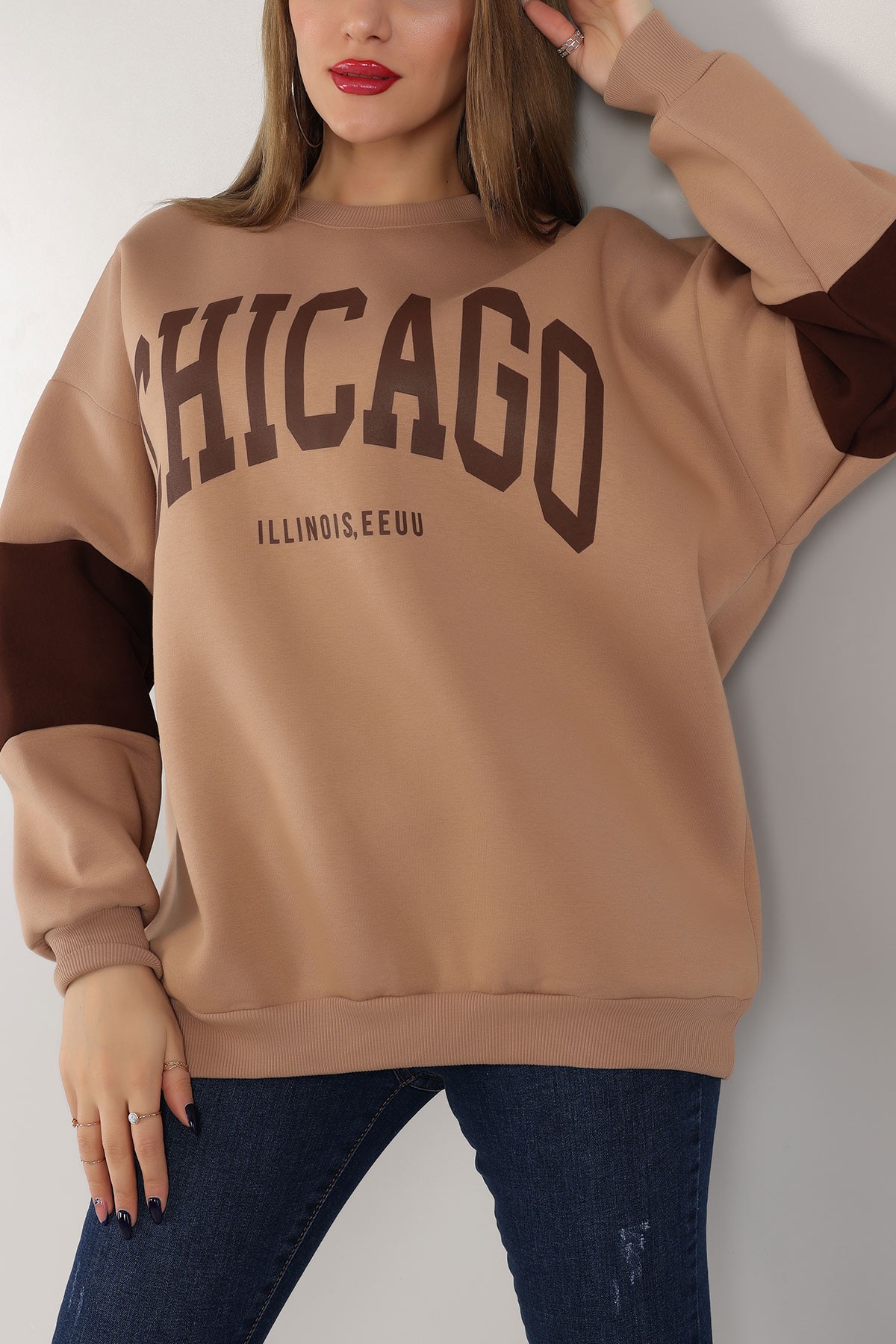 Kahverengi Baskılı İçi Şardonlu Sweat 155712