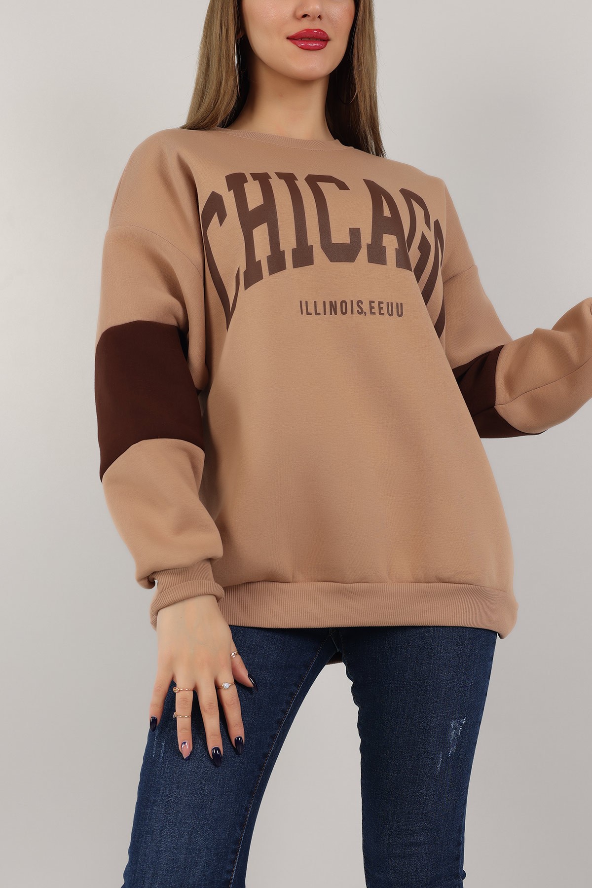 Kahverengi Baskılı İçi Şardonlu Sweat 155712