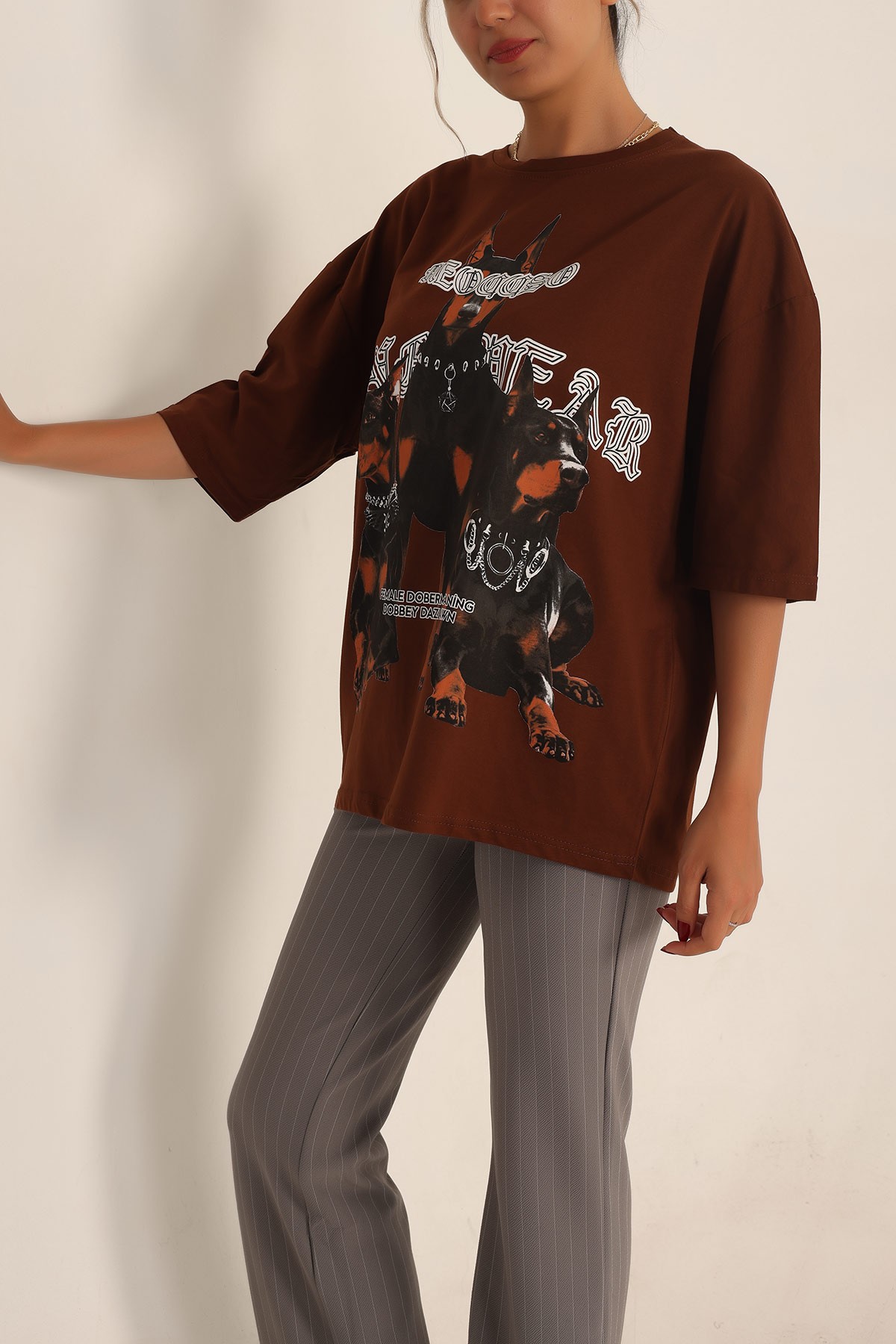 Kahverengi Baskılı Oversize Bayan Tişört 193649