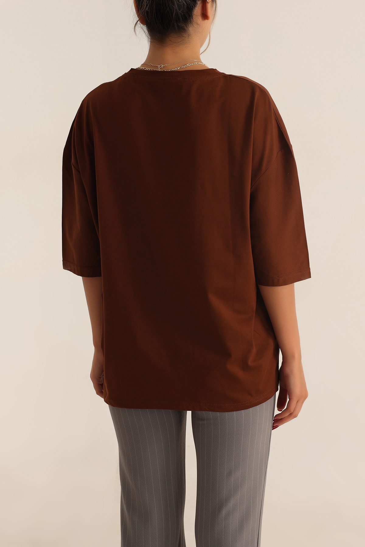 Kahverengi Baskılı Oversize Bayan Tişört 193649