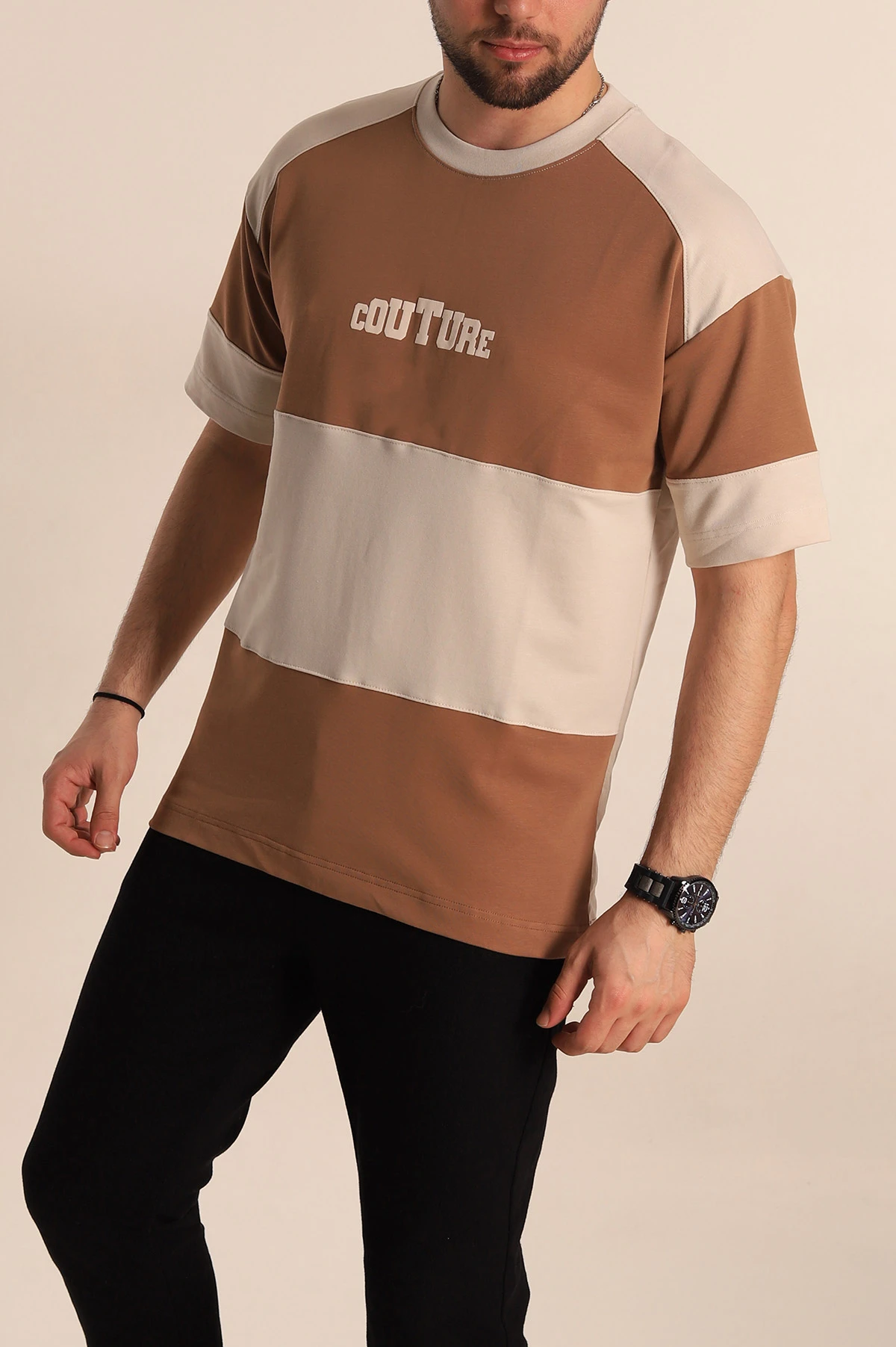 Kahverengi Bej Oversize İki İp Yazı Detay Erkek Tişört 266869