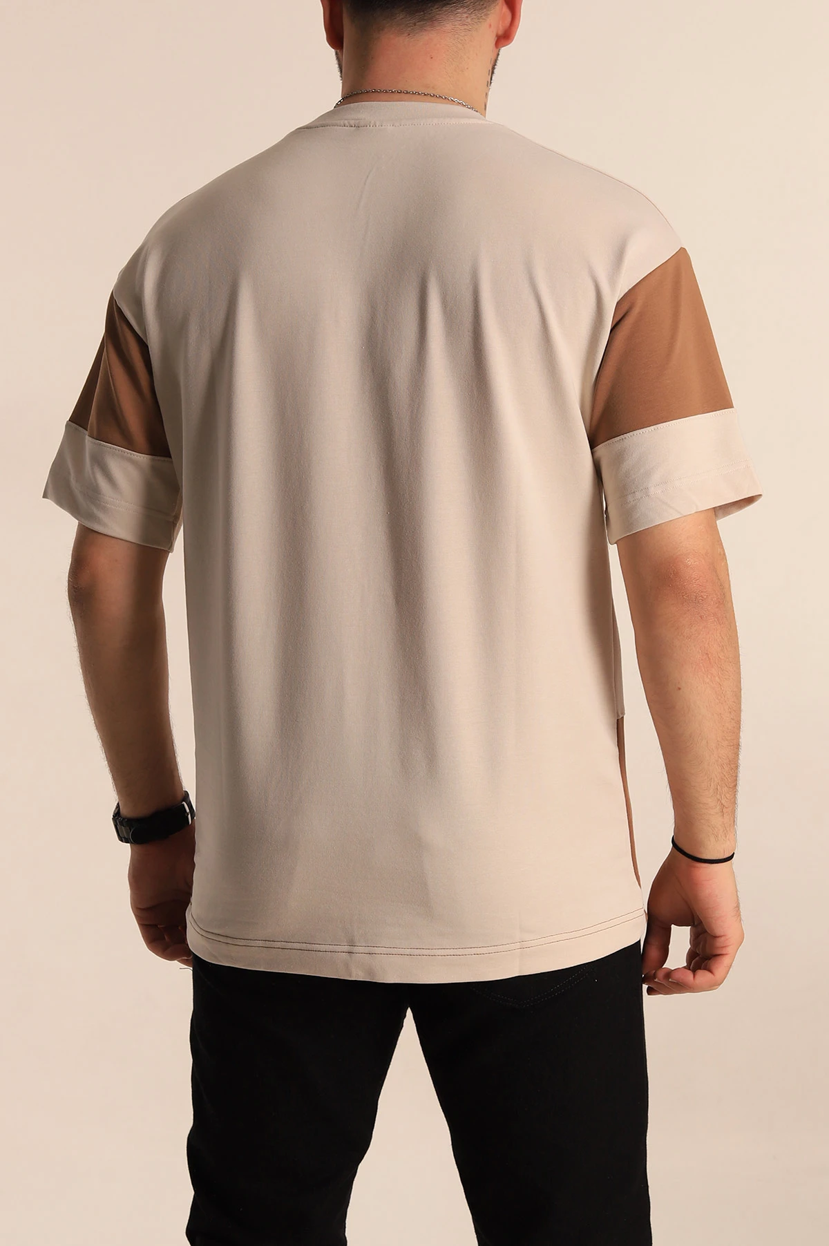 Kahverengi Bej Oversize İki İp Yazı Detay Erkek Tişört 266869