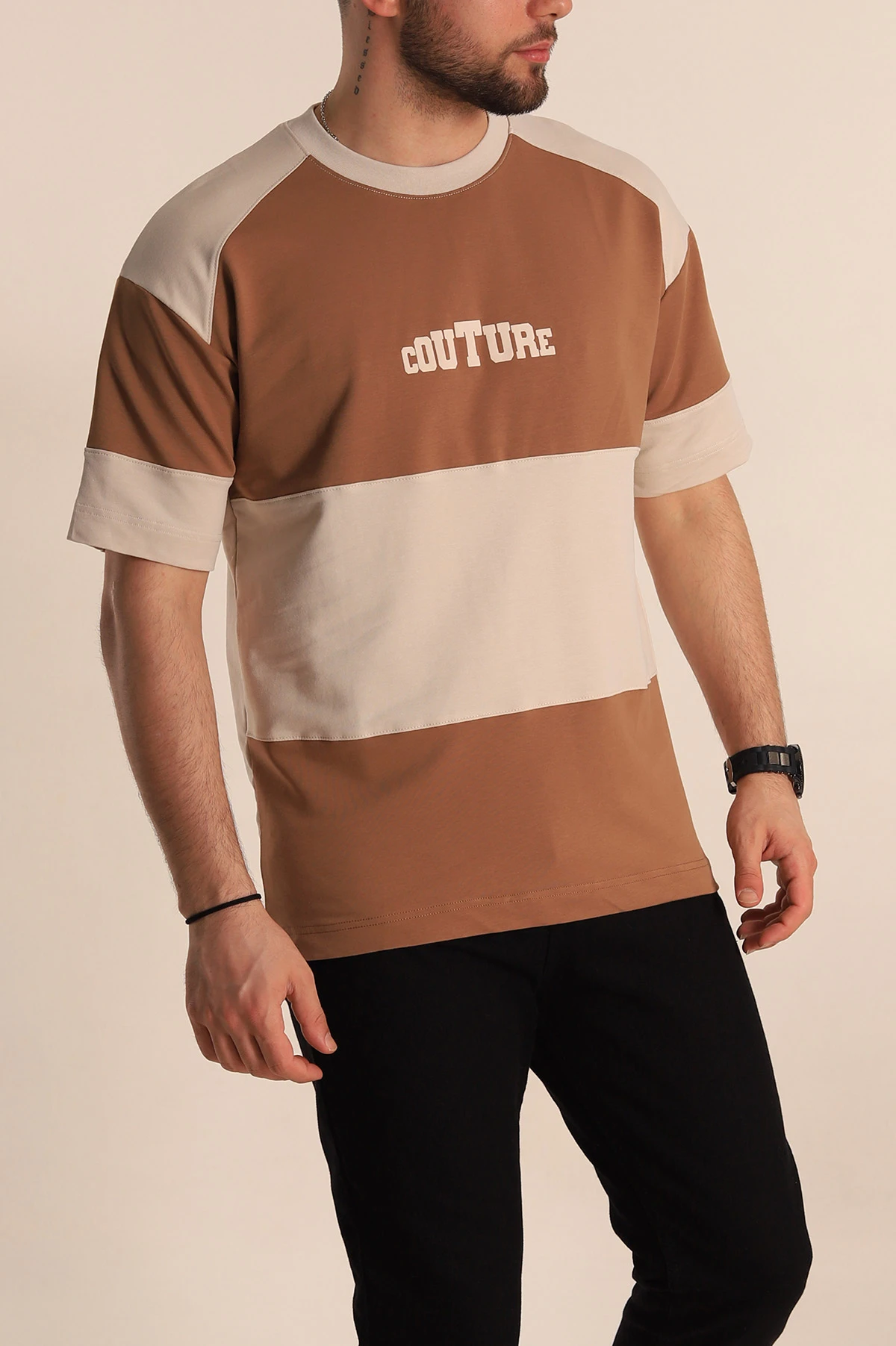 Kahverengi Bej Oversize İki İp Yazı Detay Erkek Tişört 266869