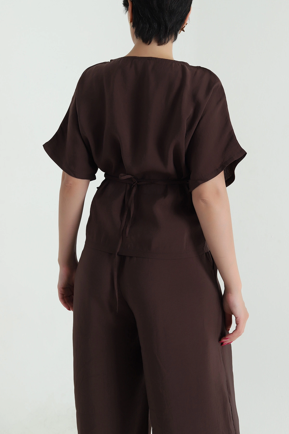 Kahverengi Bel Lastikli Bagcıklı Tencel Kadın İkili Takım 475637