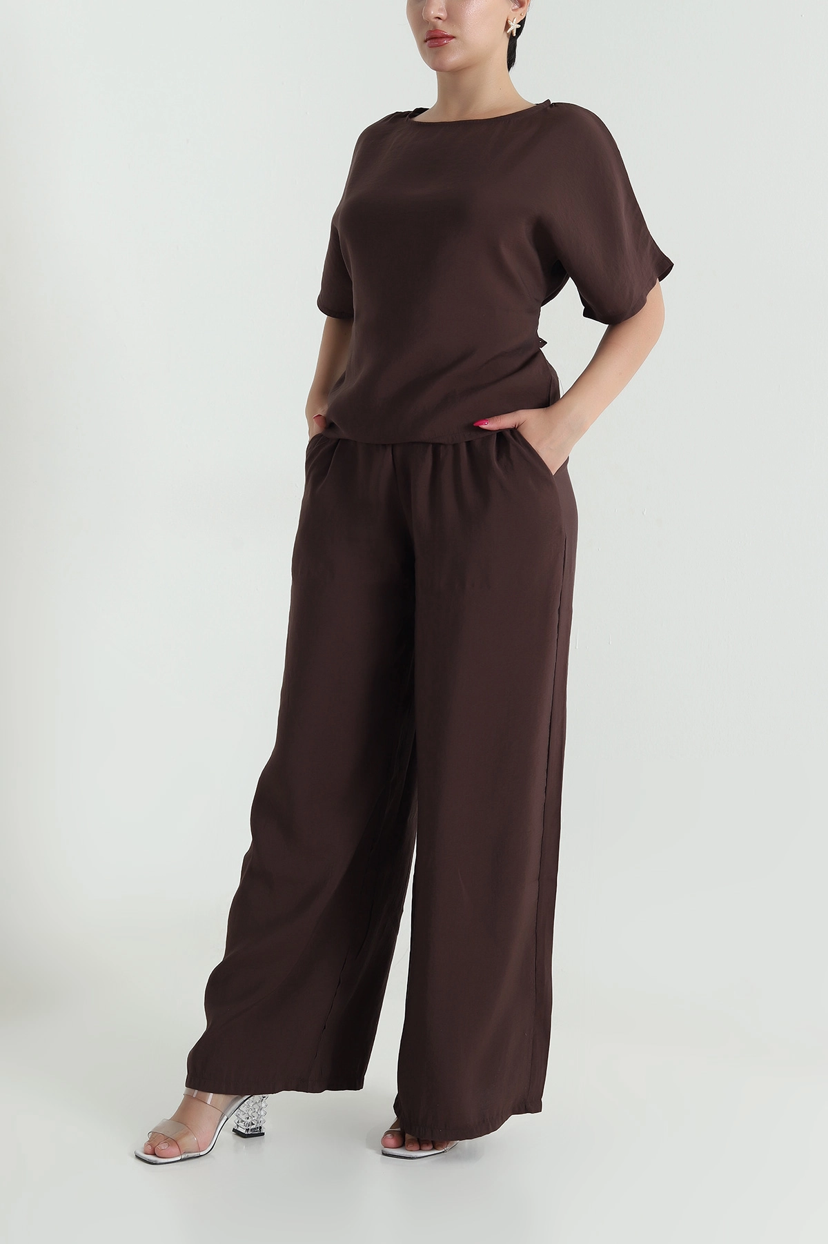 Kahverengi Bel Lastikli Bagcıklı Tencel Kadın İkili Takım 475637