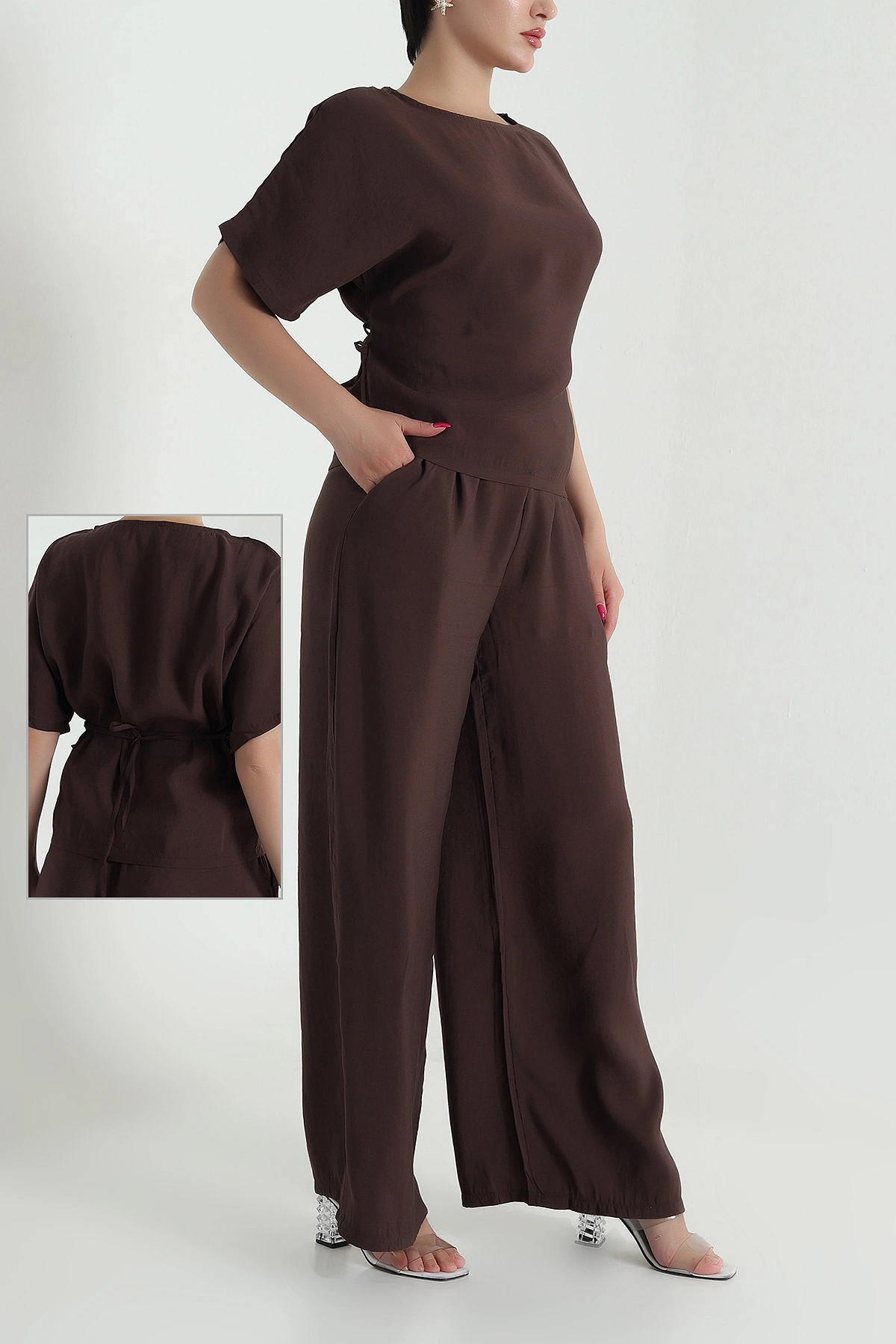 Kahverengi Bel Lastikli Bagcıklı Tencel Kadın İkili Takım 475637