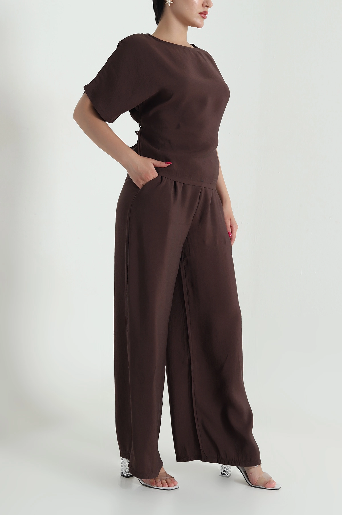 Kahverengi Bel Lastikli Bagcıklı Tencel Kadın İkili Takım 475637