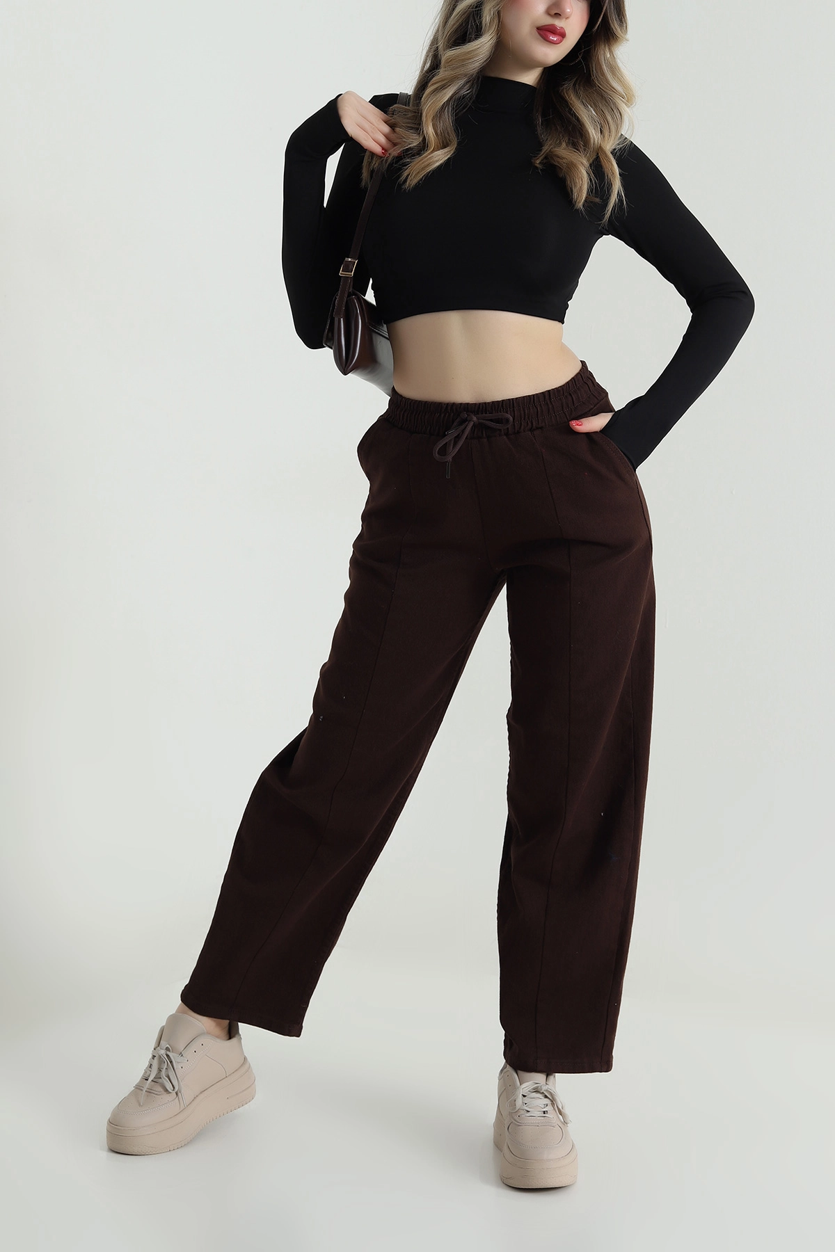 Kahverengi Bel Lastikli Baggy Kadın Kot Pantolon 498828