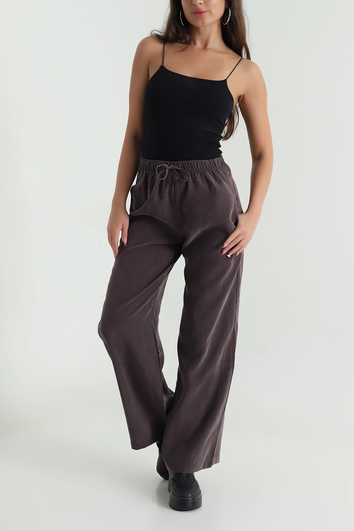 Kahverengi Bel Lastikli Cepli Tencel Kadın Pantolon 474858