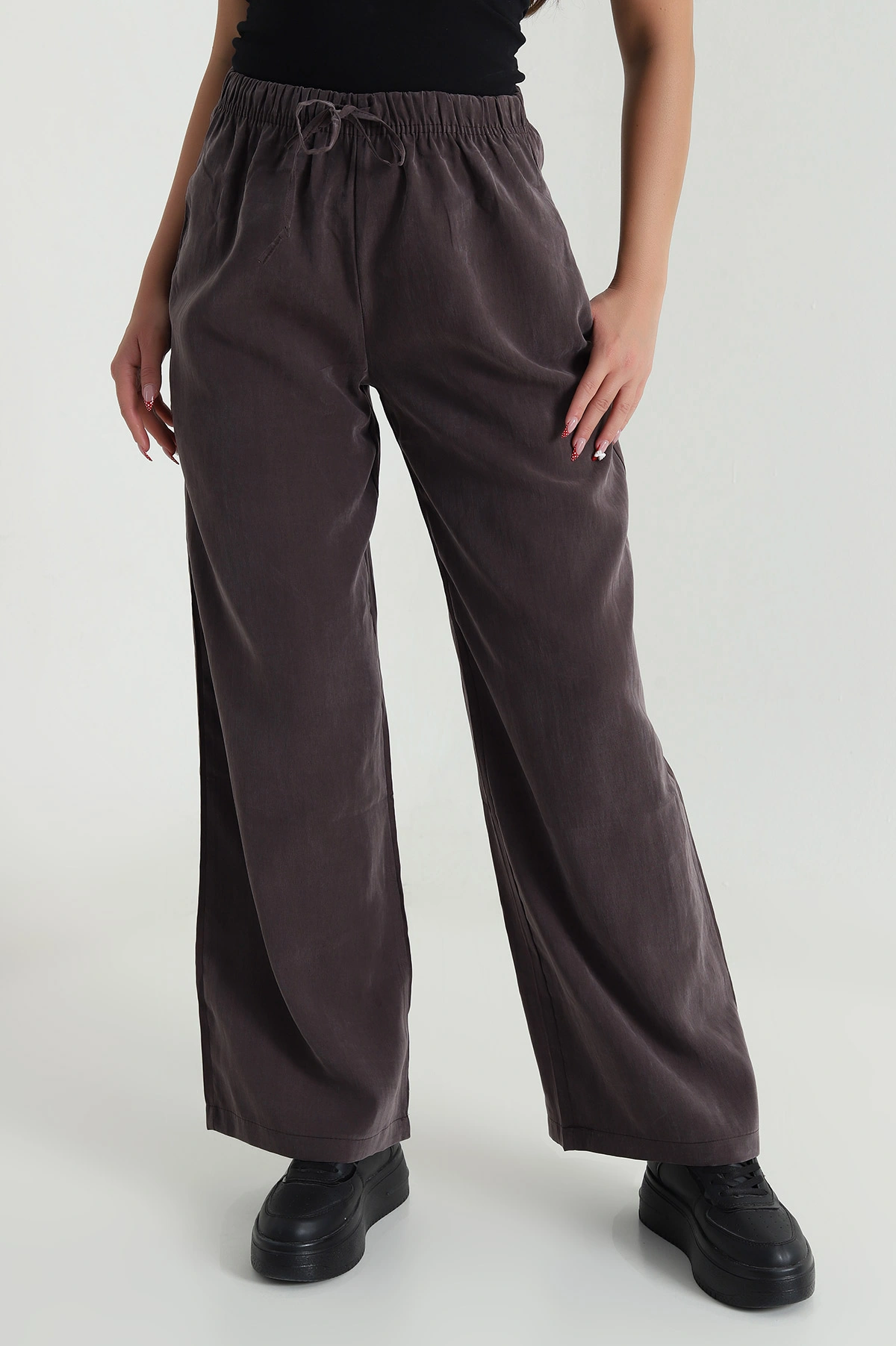 Kahverengi Bel Lastikli Cepli Tencel Kadın Pantolon 474858