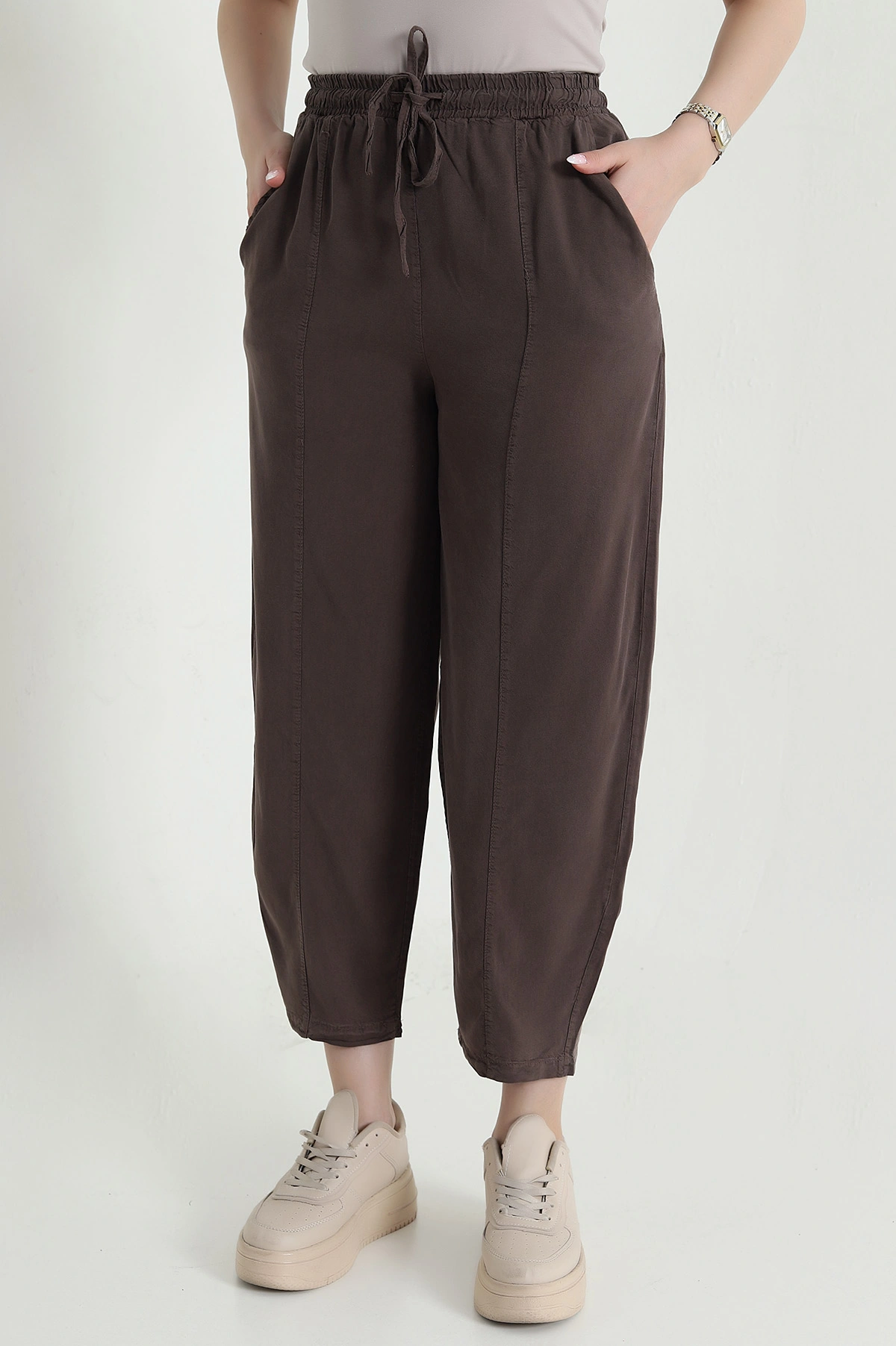 Kahverengi Bel Lastikli Cepli Tencel Kadın Şalvar Pantolon 457853