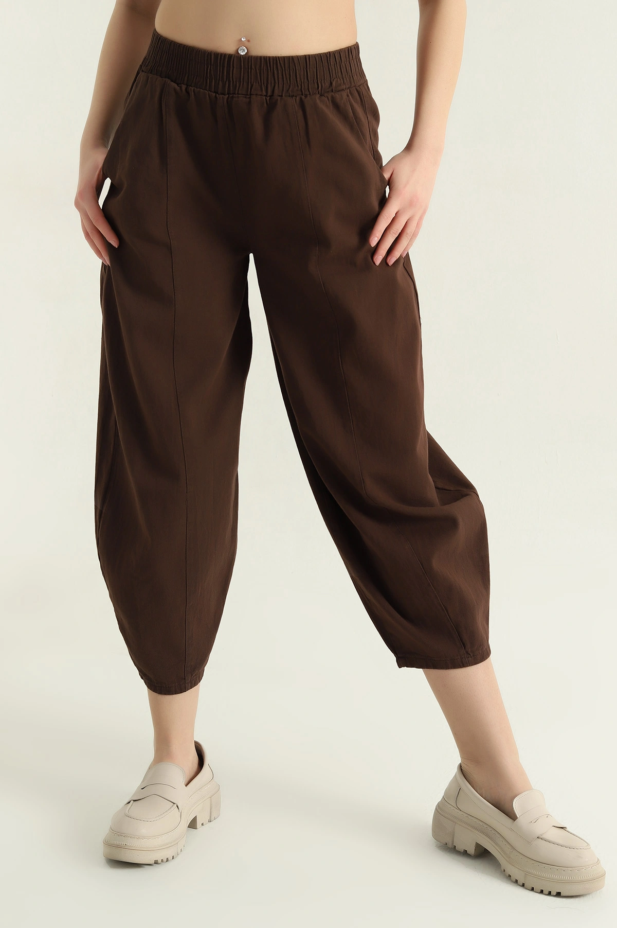 Kahverengi Bel Lastikli Gabardin Şalvar Kadın Pantolon 357405