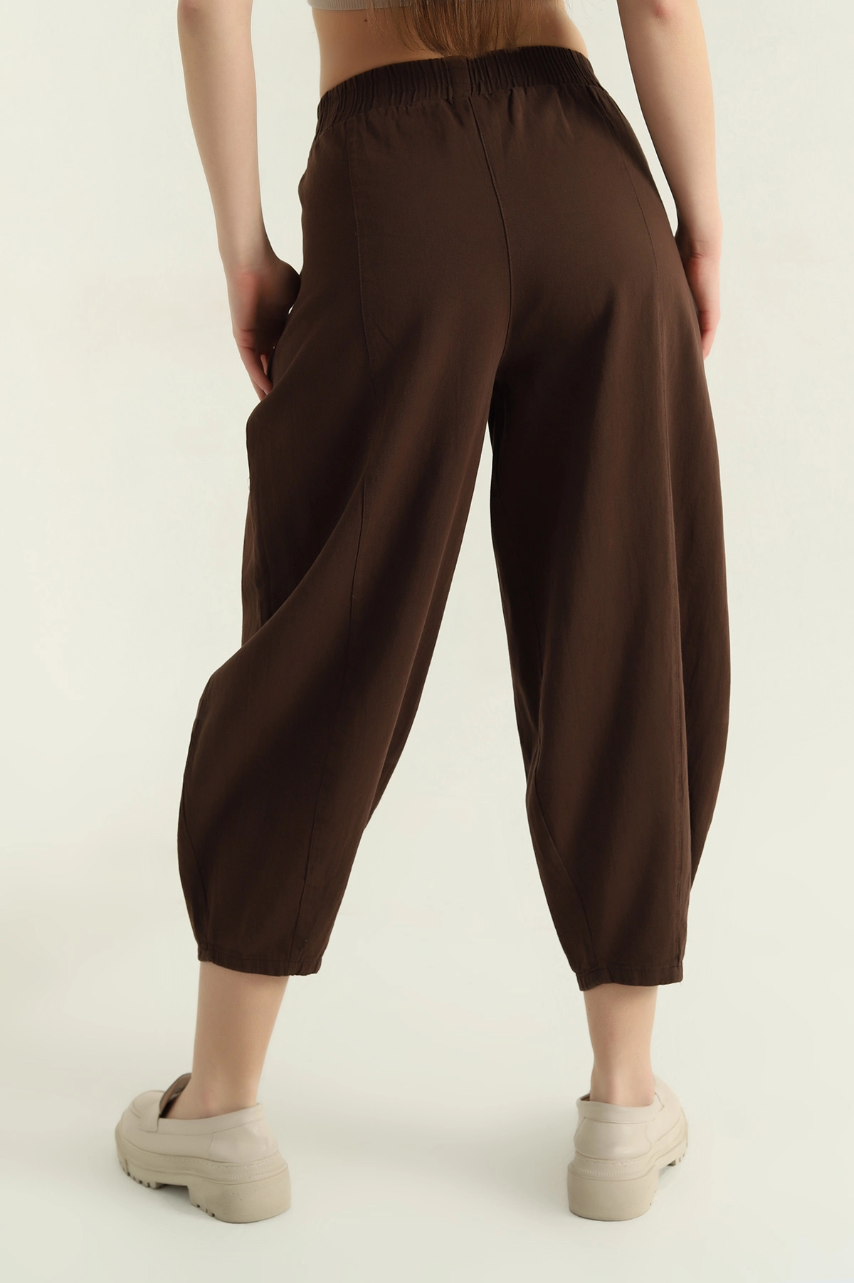 Kahverengi Bel Lastikli Gabardin Şalvar Kadın Pantolon 357405