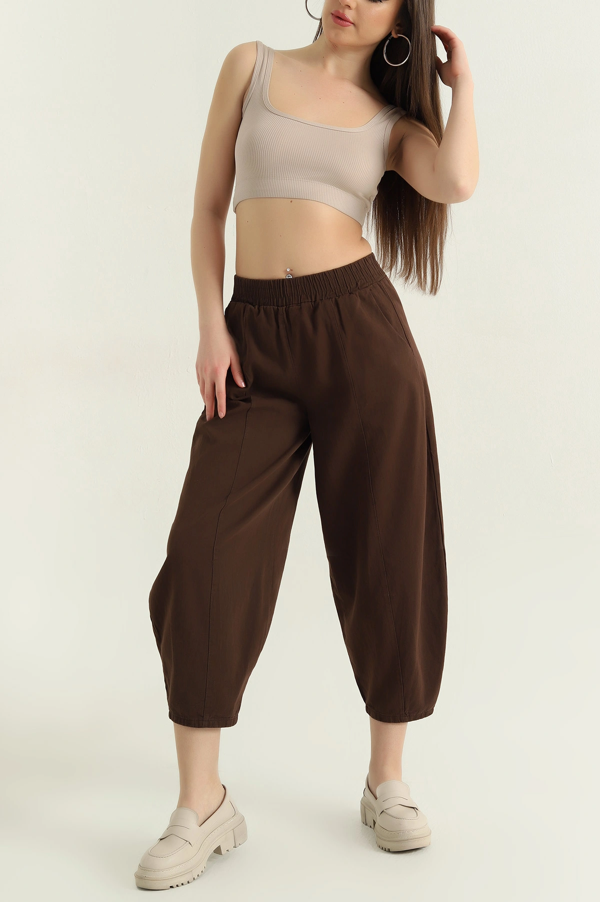 Kahverengi Bel Lastikli Gabardin Şalvar Kadın Pantolon 357405